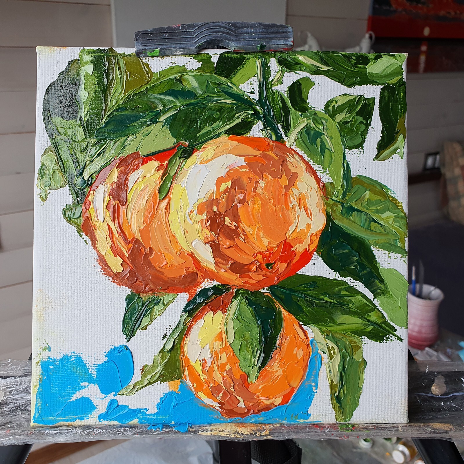 Orange Painting Tree Branch Original Art Citrus Fruit Still Life Small Vegetable