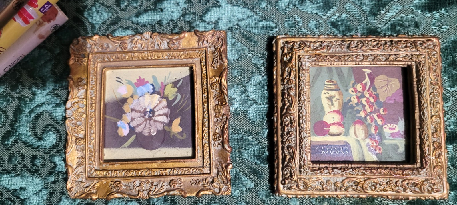 Set of 2 Mini Gold Framed Still Life Acrylic/Oil Paintings Decorative Display