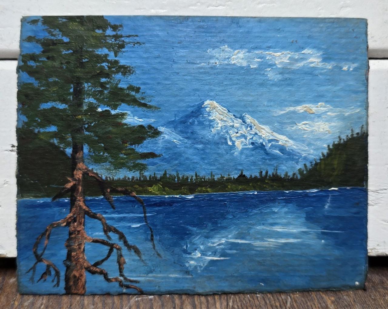 Vintage Mountain Lake Landscape Original Painting Art Deco Wood Frame 5″ x 4″