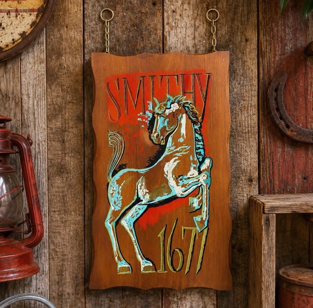 VTG TURNER 70s Wall Art Psychedelic HORSE Equestrian Wood Plaque Smithy 1671 MCM