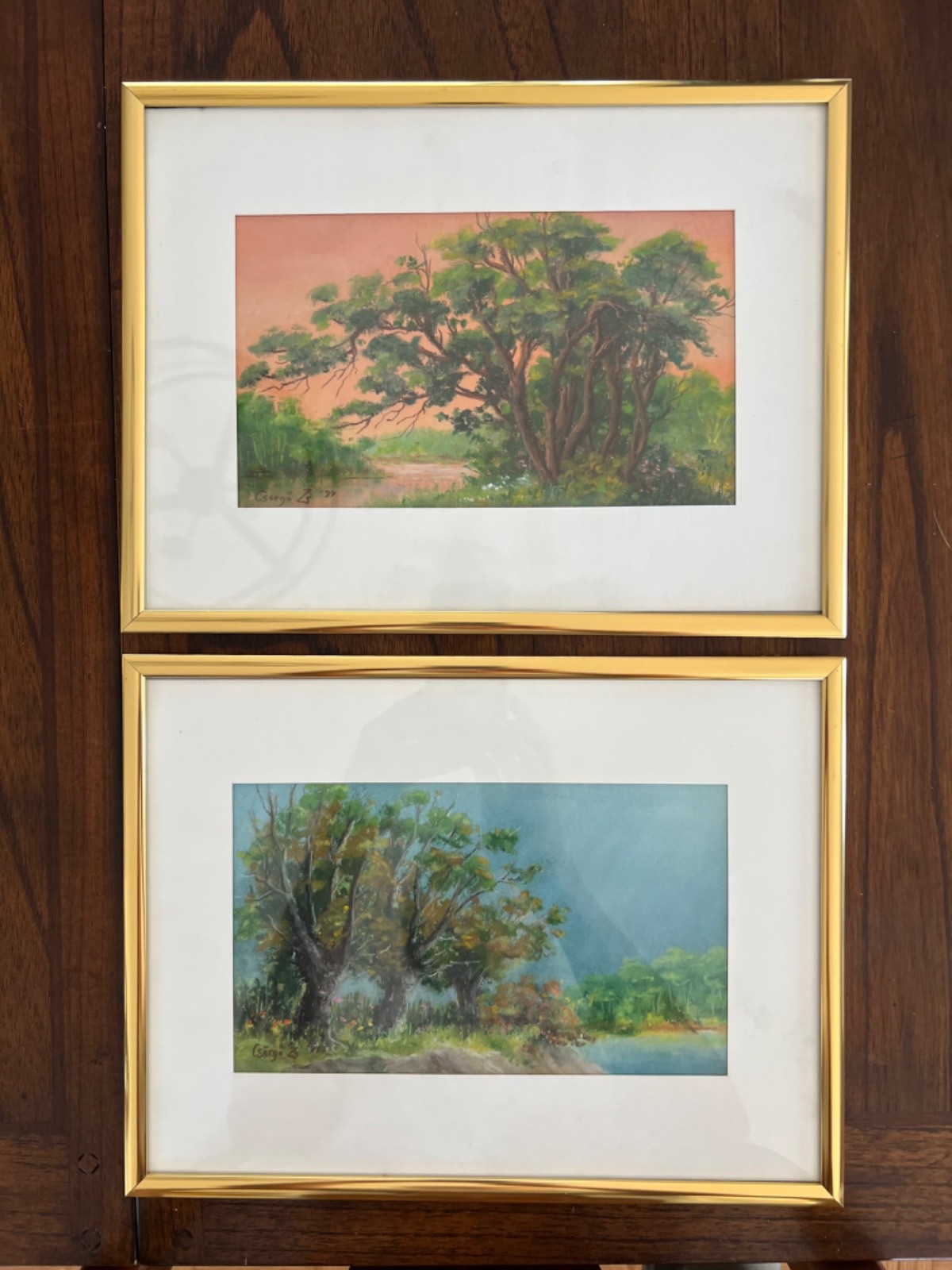 2 Vintage Brass Frame Small Water Color Oil Pastels Paintings Signed