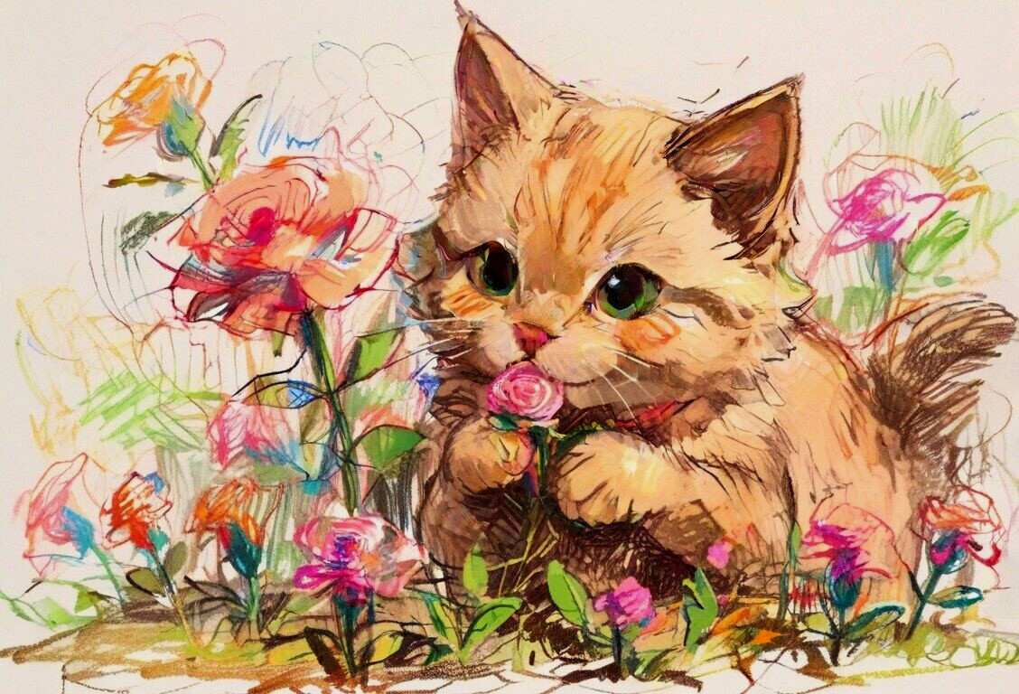 ACEO Mini *Art Print* Orange Fluffy Baby Cat Kitten Pink Roses/Flowers -Saulite