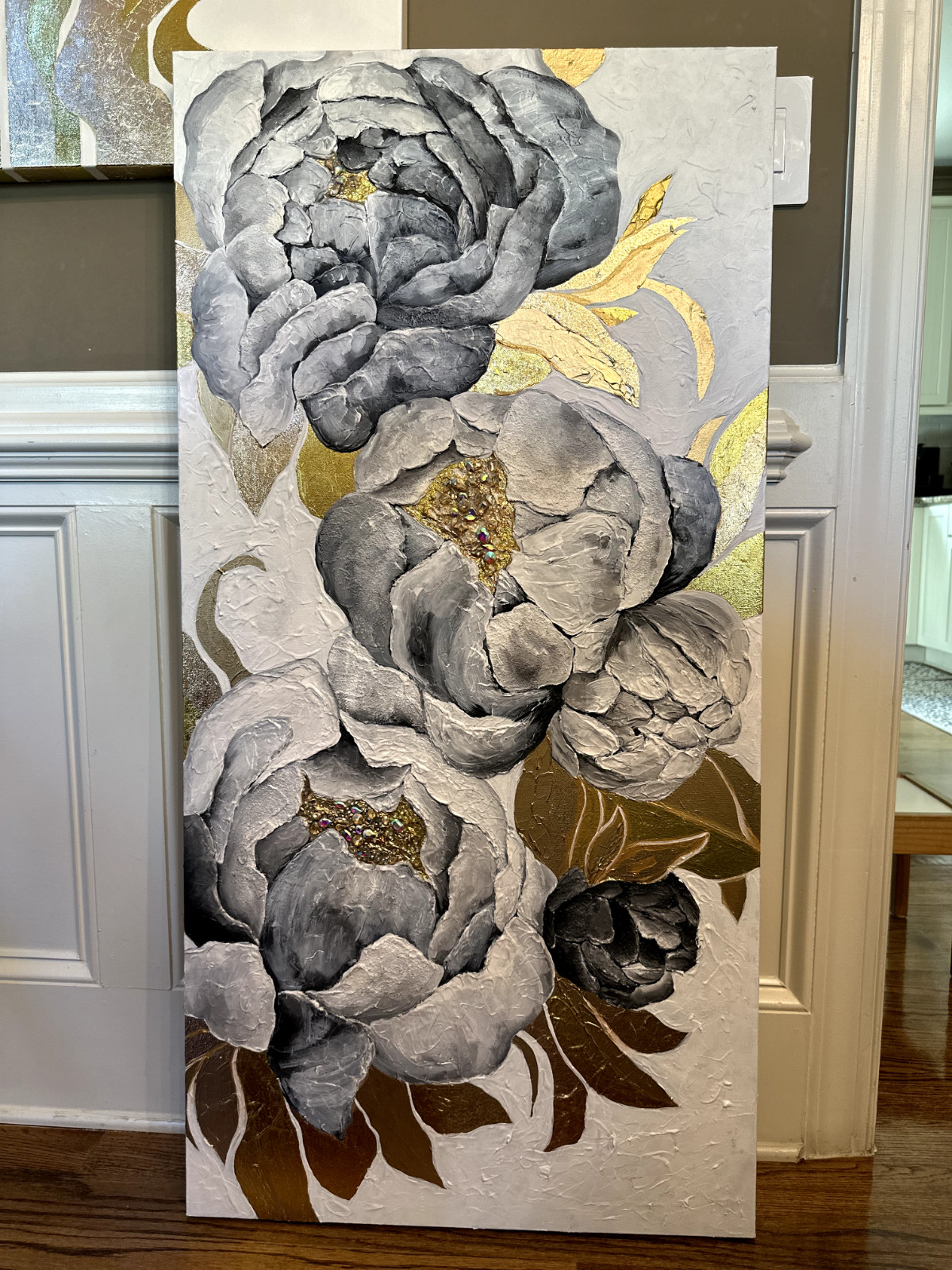 Cosmic peonies Large floral Original painting 24”x48” With gilding and Crystals