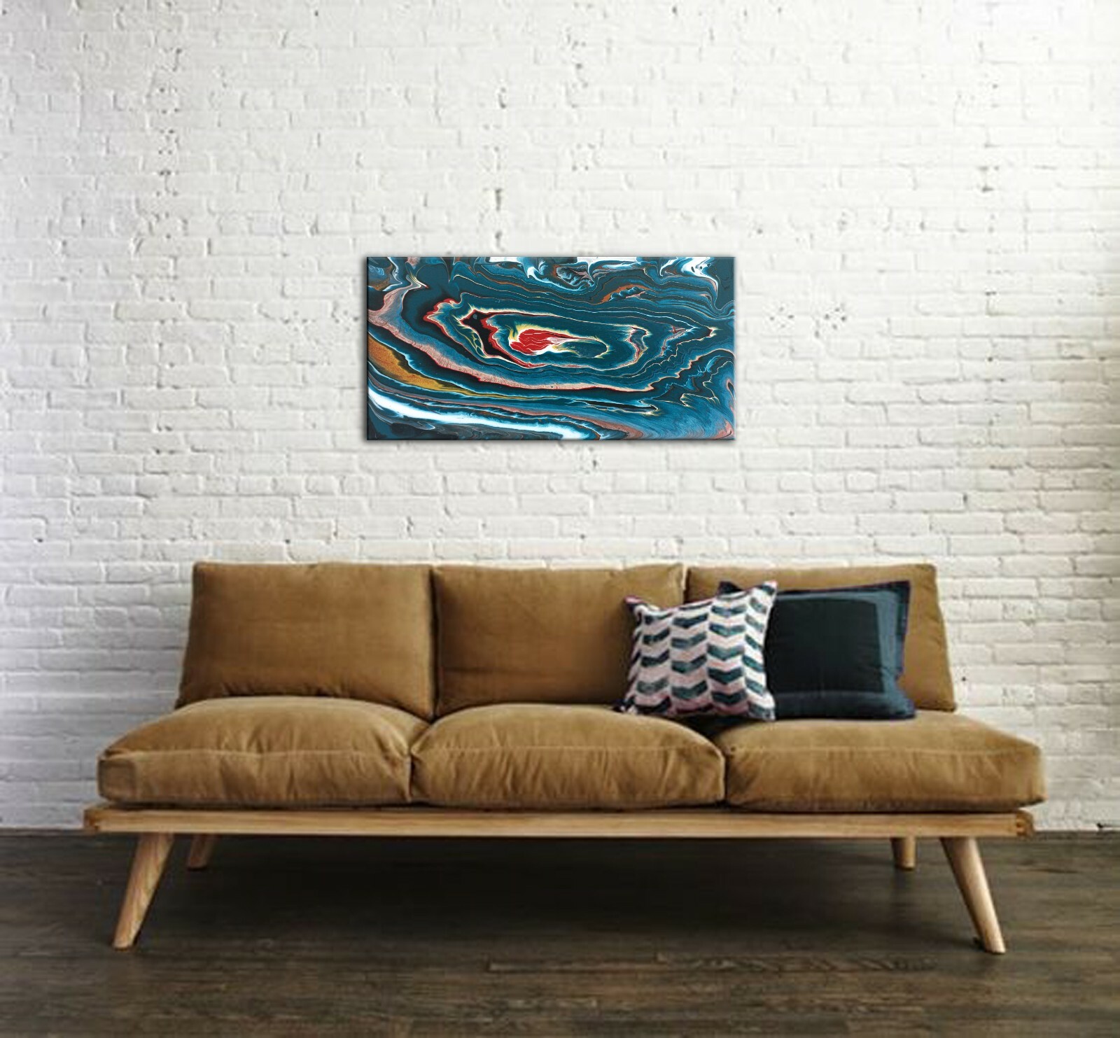 Original Abstract Painting Red Center Dark Blue Flowing Layers Artwork, 12×24