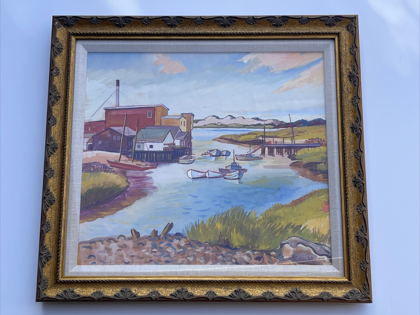 ANTIQUE PAINTING JO CAIN 1930’S WPA ARTIST NAUTICAL LANDSCAPE MARINA BOATS 1930