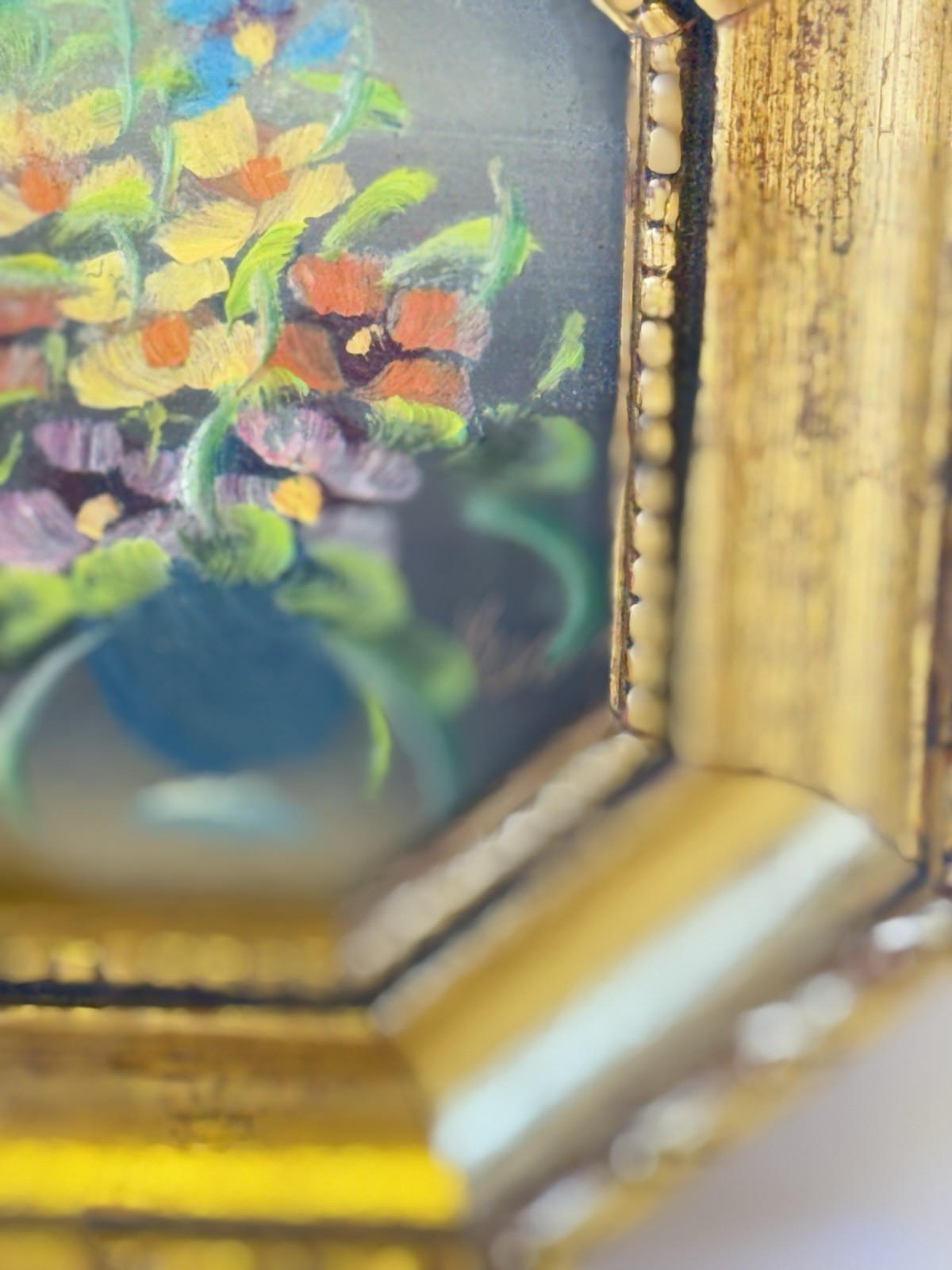 Pair Italian Floral Miniature Paintings 5”X4” Oval Gold Framed Vintage Art