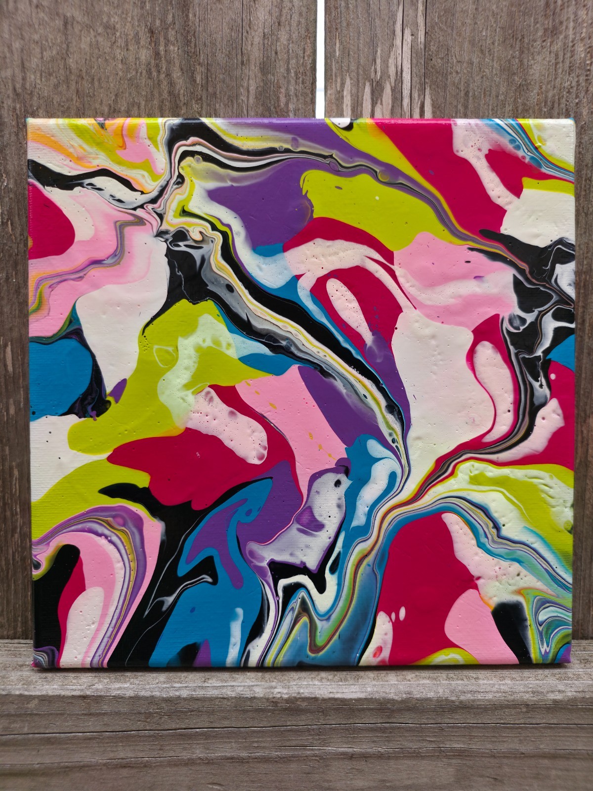 «Chunky & Funky» Abstract Art, Original on 8″x8″ Canvas, Green Pink Purple Blue