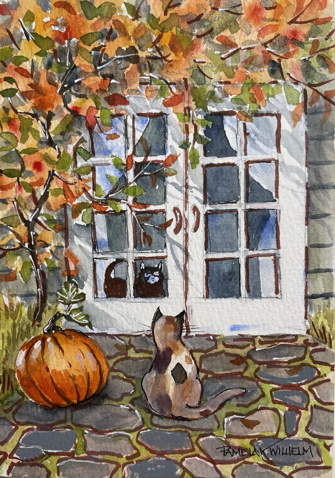5”x7” Pamela Wilhelm Original Whimsical Watercolor 2 Cats French Doors Pumpkin