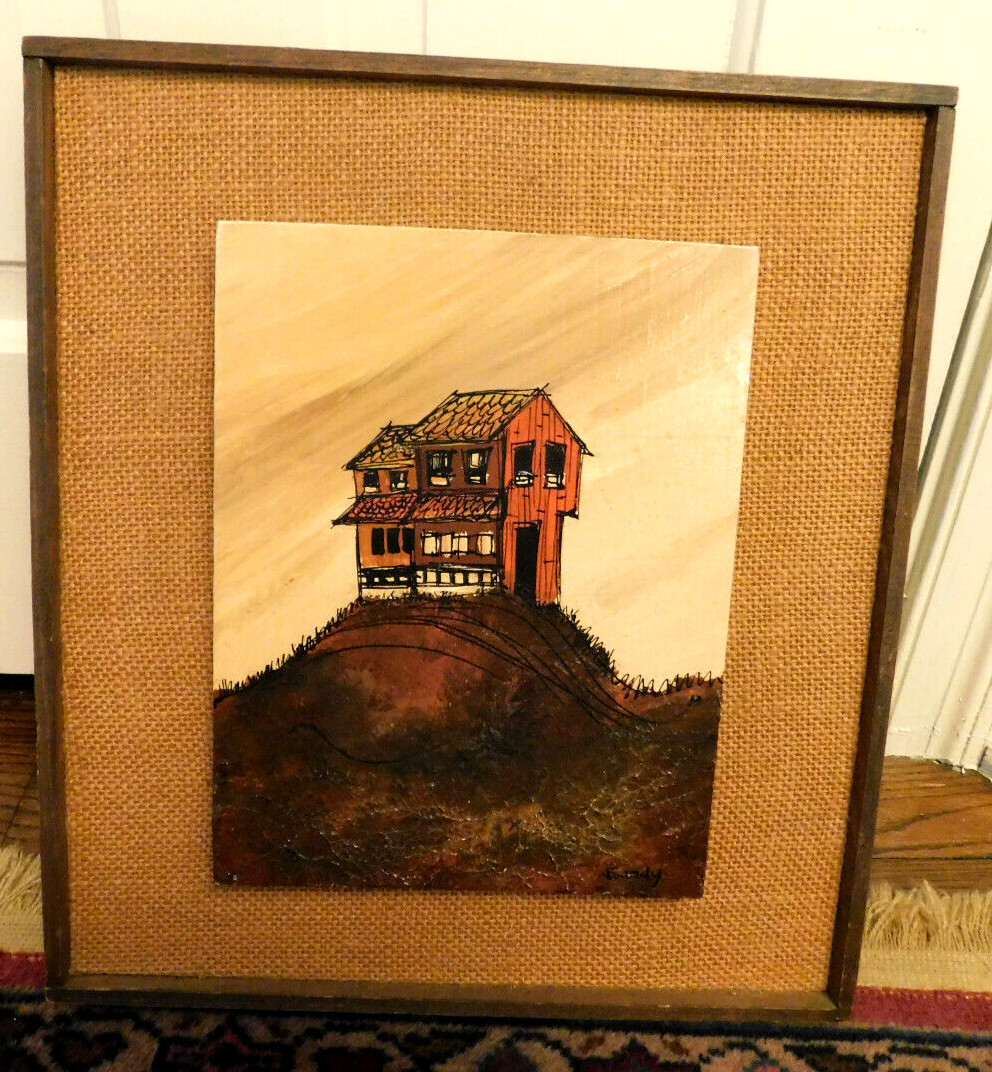 Vtg MCM Danish Modernist House on Hill Painting wooden Plaque burlap Framed Art