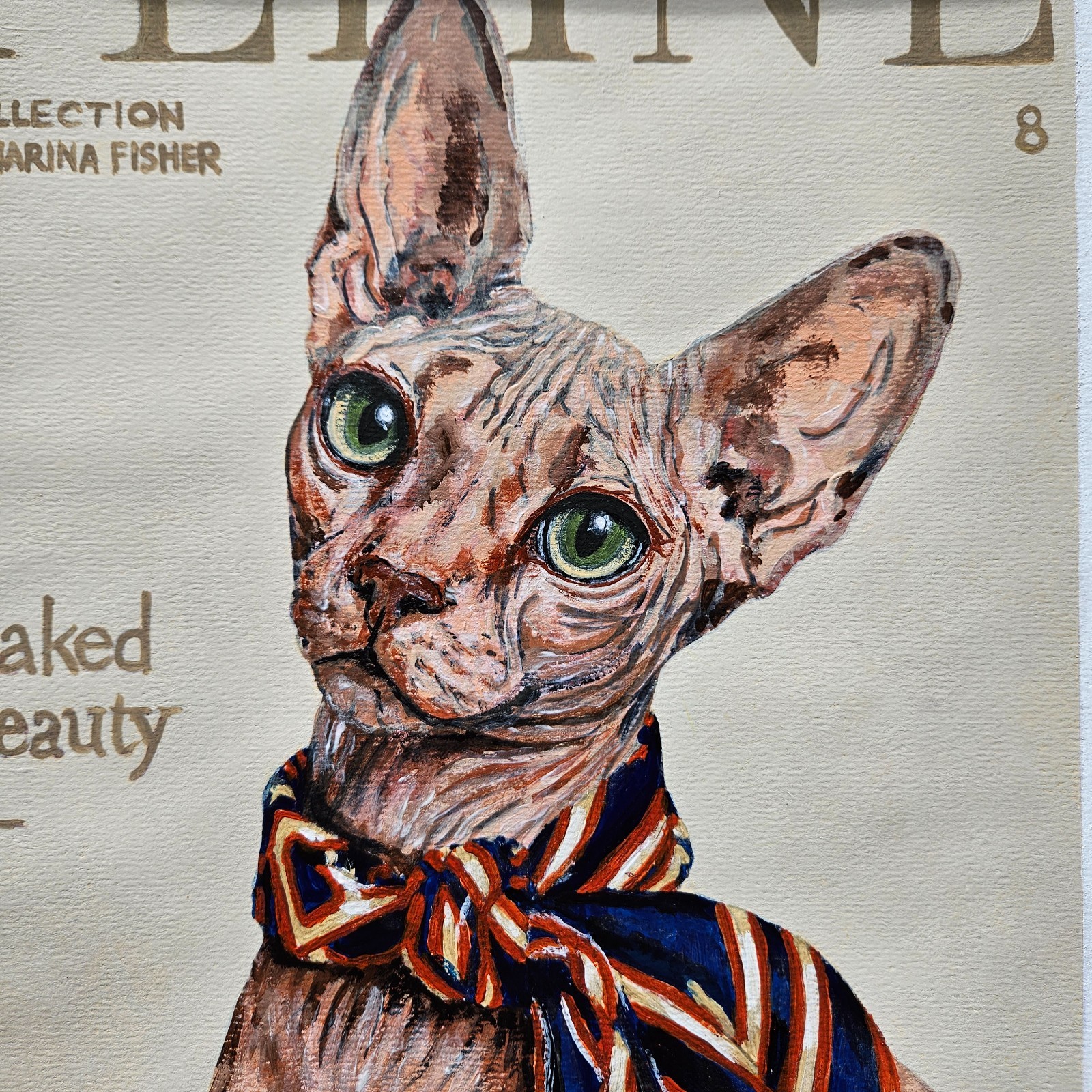 Sphynx Cat Portrait Painting Hairless Feline Fashion Illustration Original Acryl