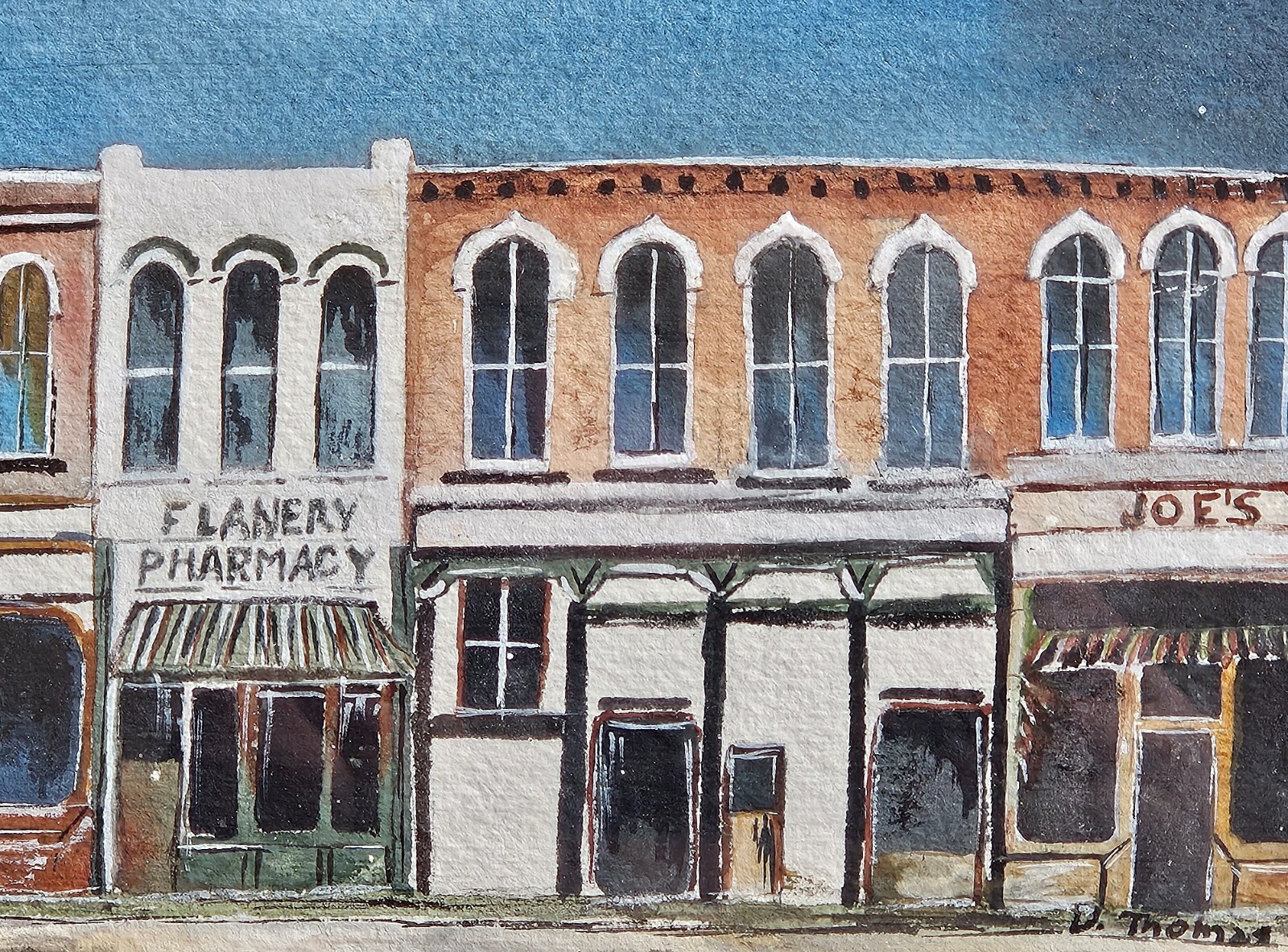 D Thomas Untitled «Street Scene» Watercolor Framed 26.5″x8.5″
