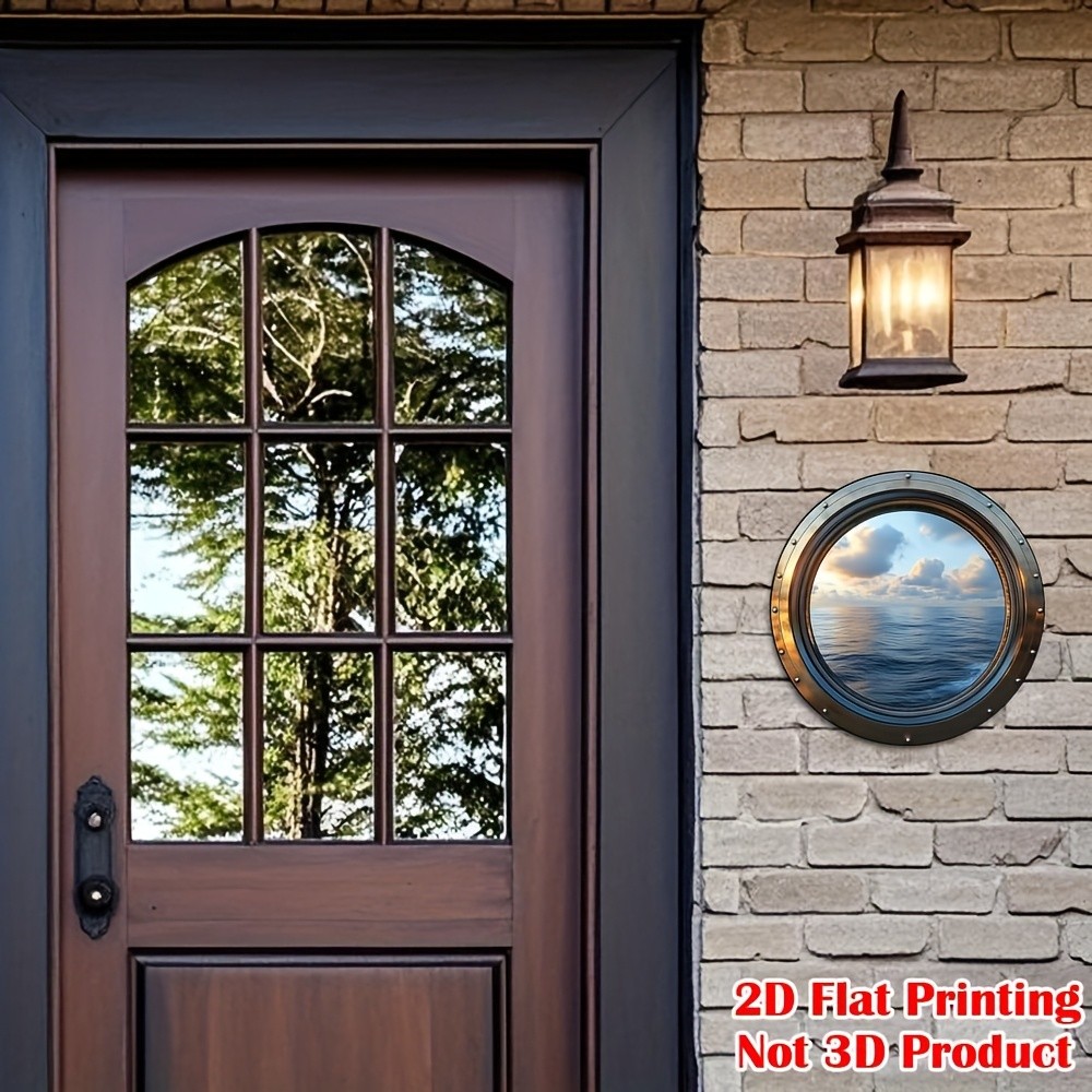 2D Flat Print 1x Vintage Seascape Window Theme Round Aluminum Wall Decor Plaque↗