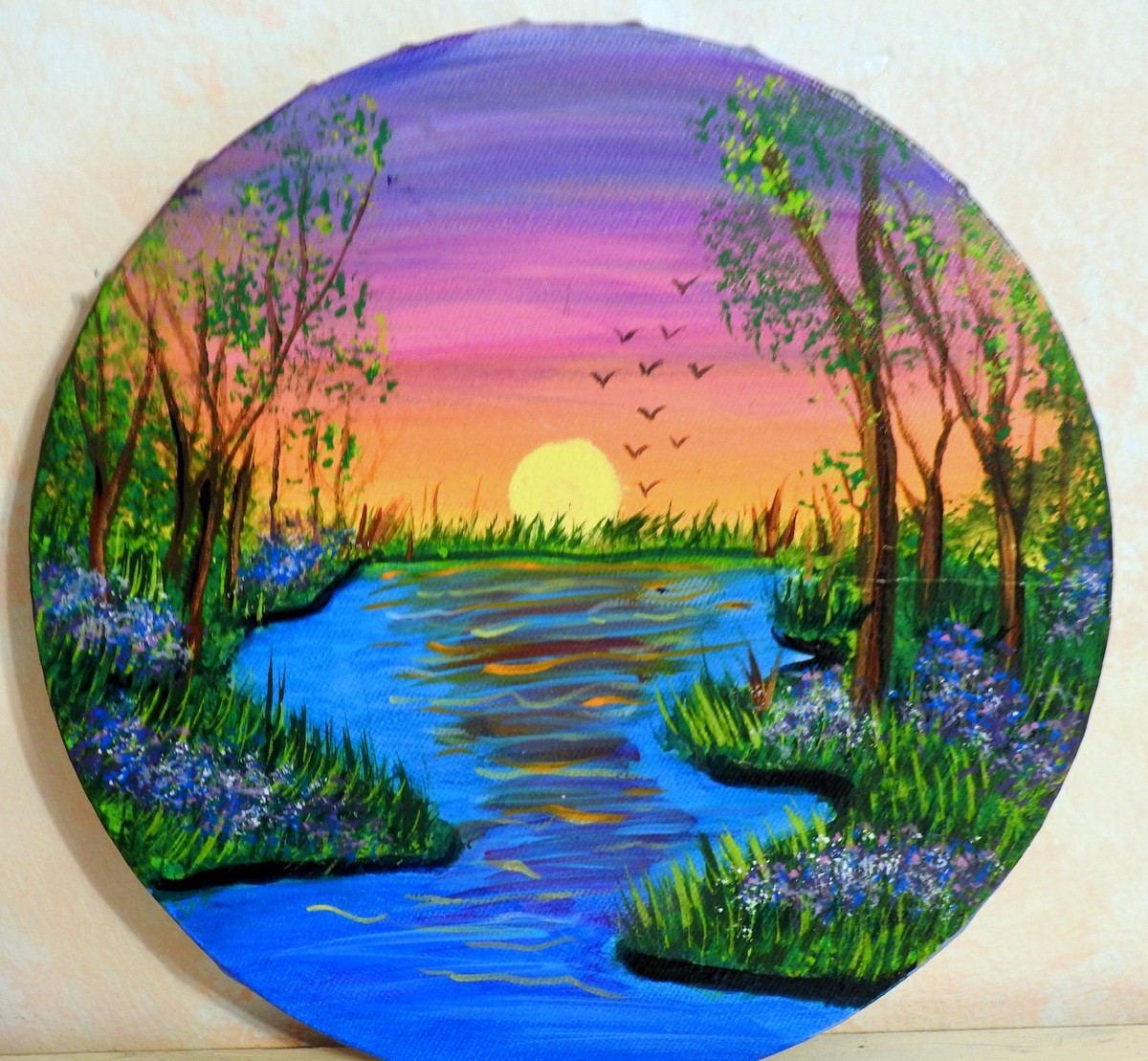 8 Inch Round Landscape Acrylic Painting Morning Sunrise over Peaceful Riverbank