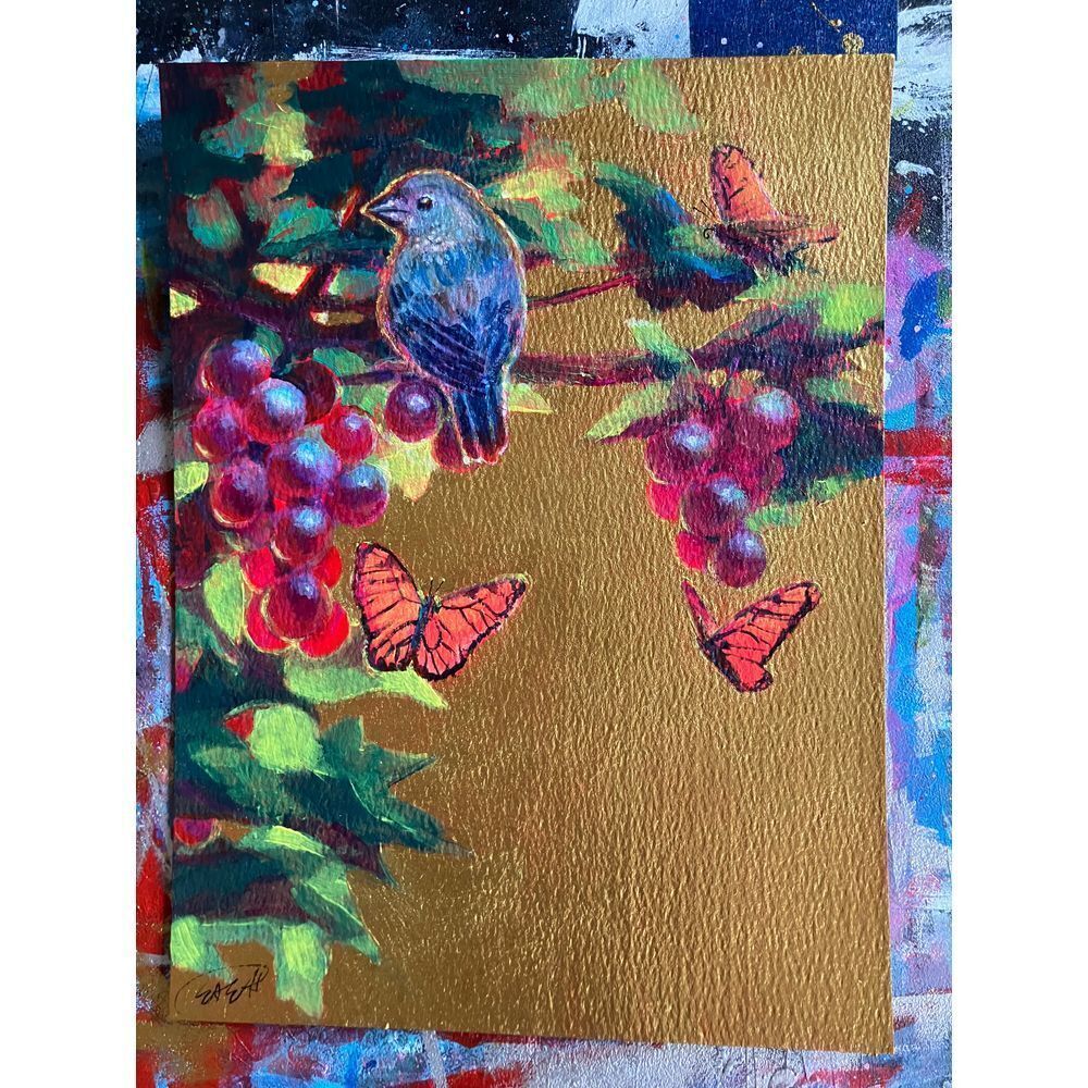 Vineyard Original Painting Bird butterflies Grape Gold Art Nouveau Artettina