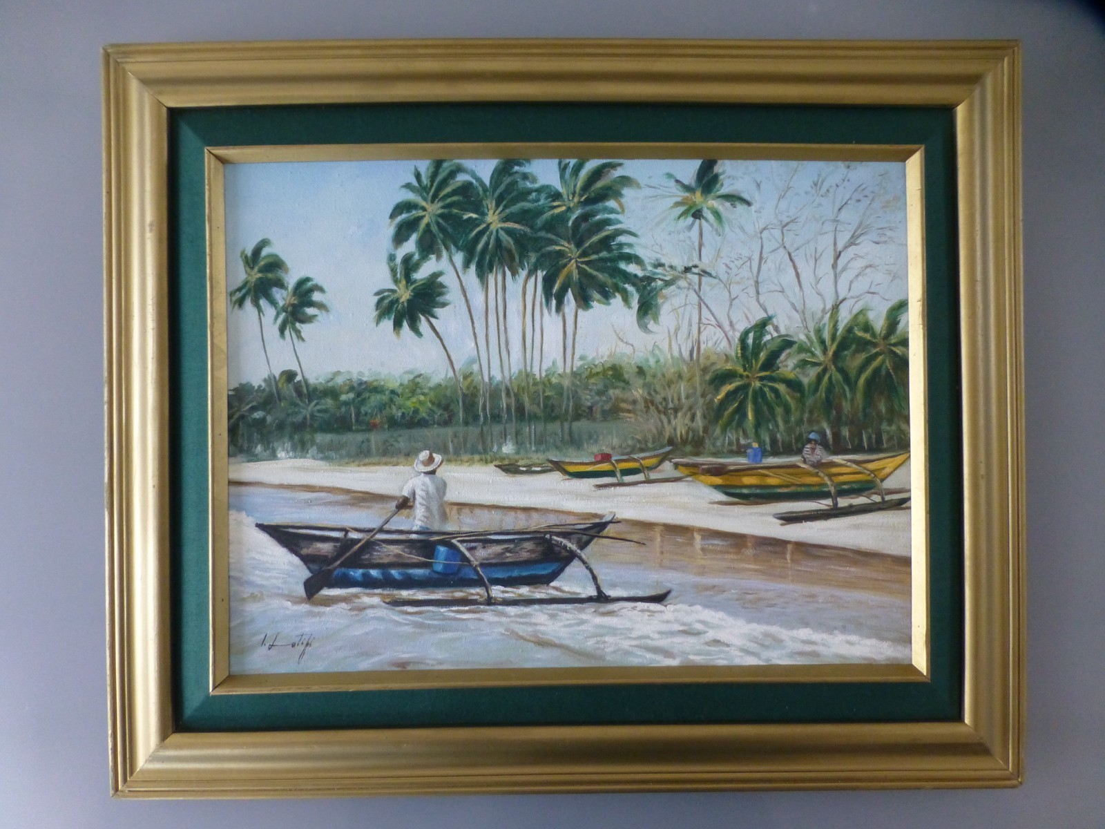 Original oil canvas painting beach scene Sri Lanka 55 x 45 cm framed