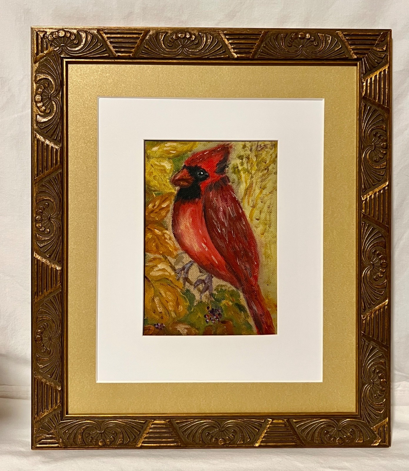 Framed Cardinal Bird Oil Painting 5×7″ in 12×14″ frame