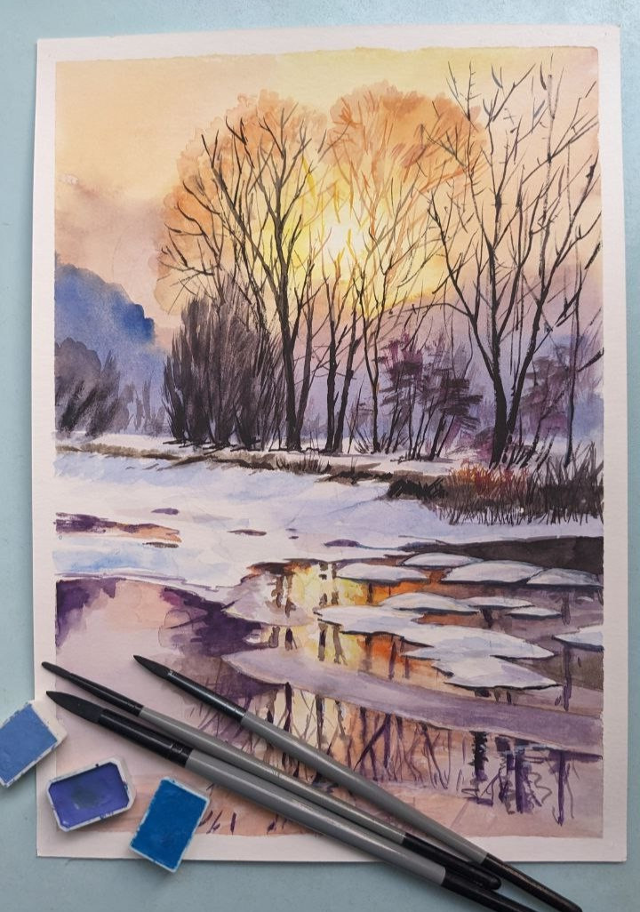 Winter Sunset Landscape Watercolor Painting Snowy Lake Ice Piver Original Art A4