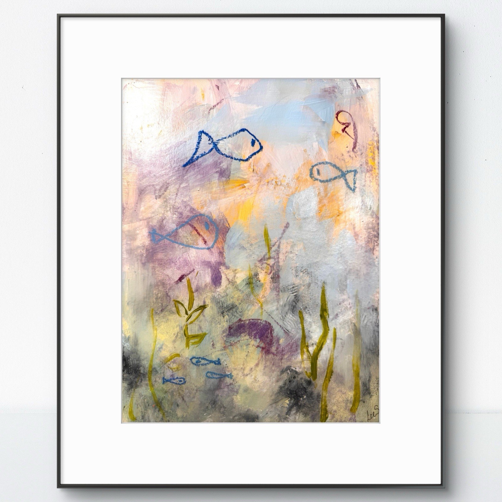 Original Abstract Expressionism 9X12 Fish Pond Paper Colorful Handmade Signed 10