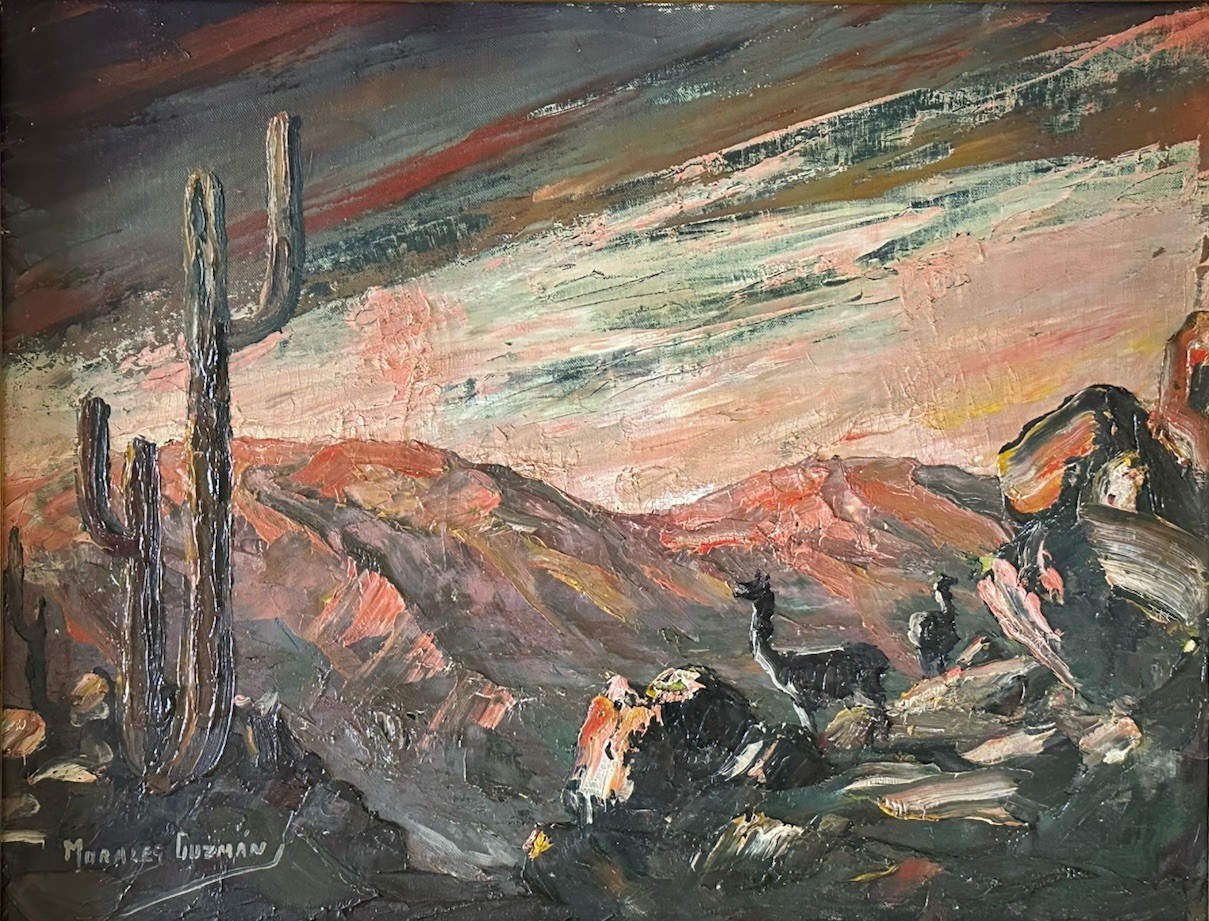 Oil Painting of Desert Mountain Landscape With Lamas Signed Moraley Guzman