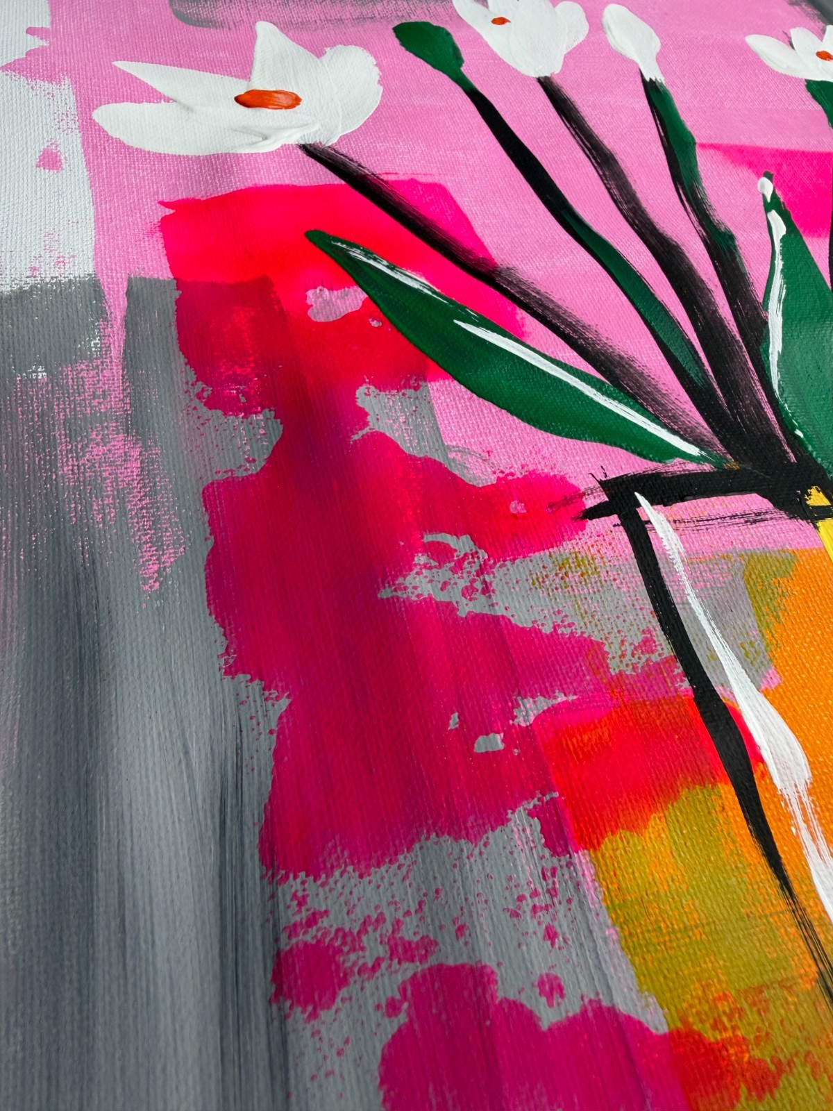 Original «White Flowers – Set 3″ – Pop Art, Acrylic Painting 16×12» Canvas Paper