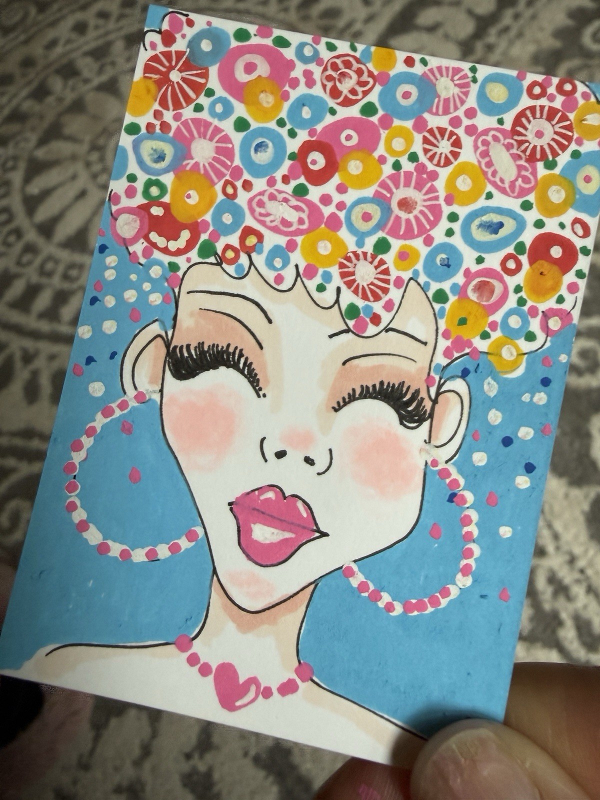 ACEO Original Mini Art Card AFRO-DITE 3.5” x 2.5” Acrylic Paint Floral Portrait