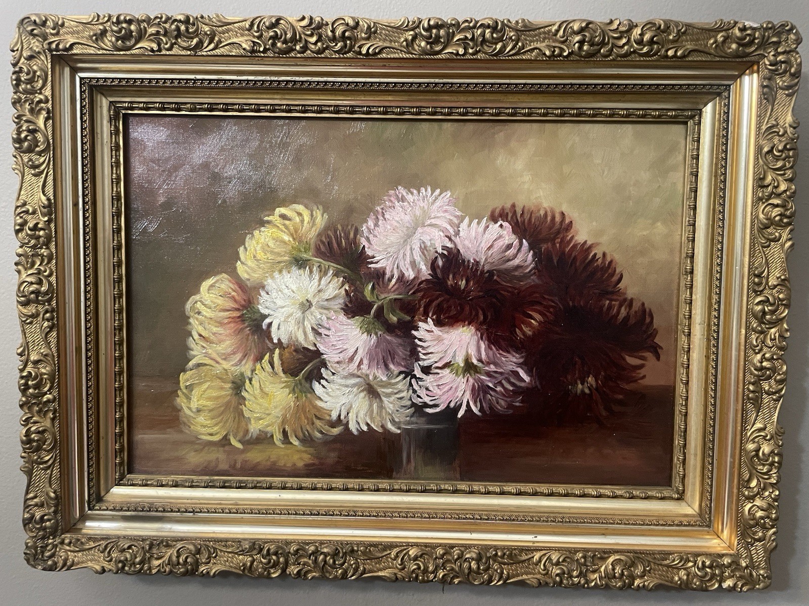 Framed Floral Still Life Flowers Painting in Ornate Gold-Tone Frame c. 1900
