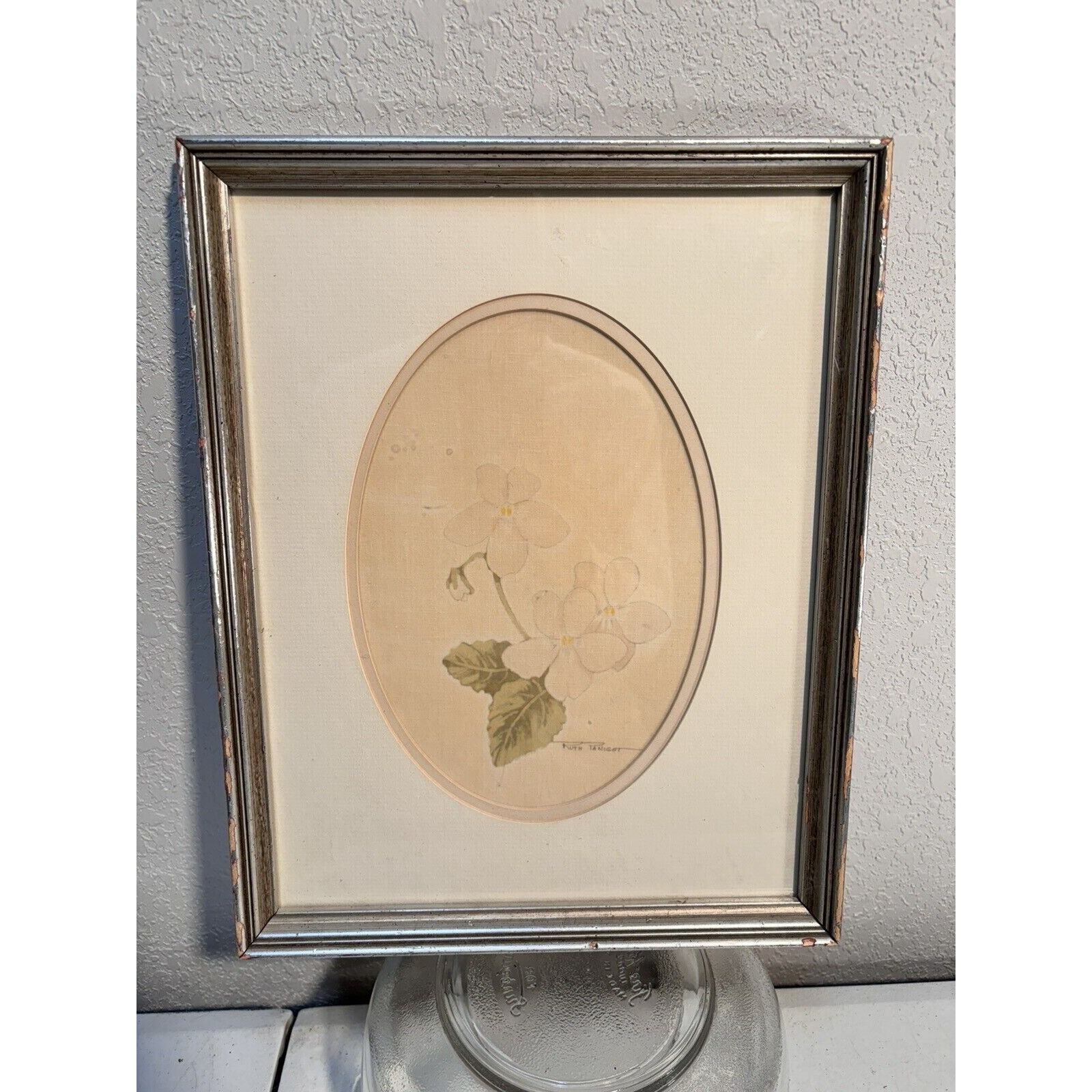 Vtg Faded Ruth Panigot Original Silver Framed Batik Signed Flower Painting 12×15