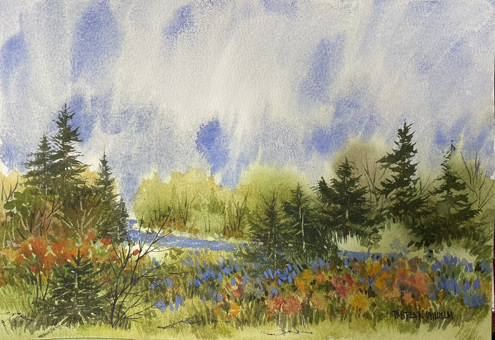 7X10” Original Pamela Wilhelm Watercolor Wild Flower Early Spring Pines