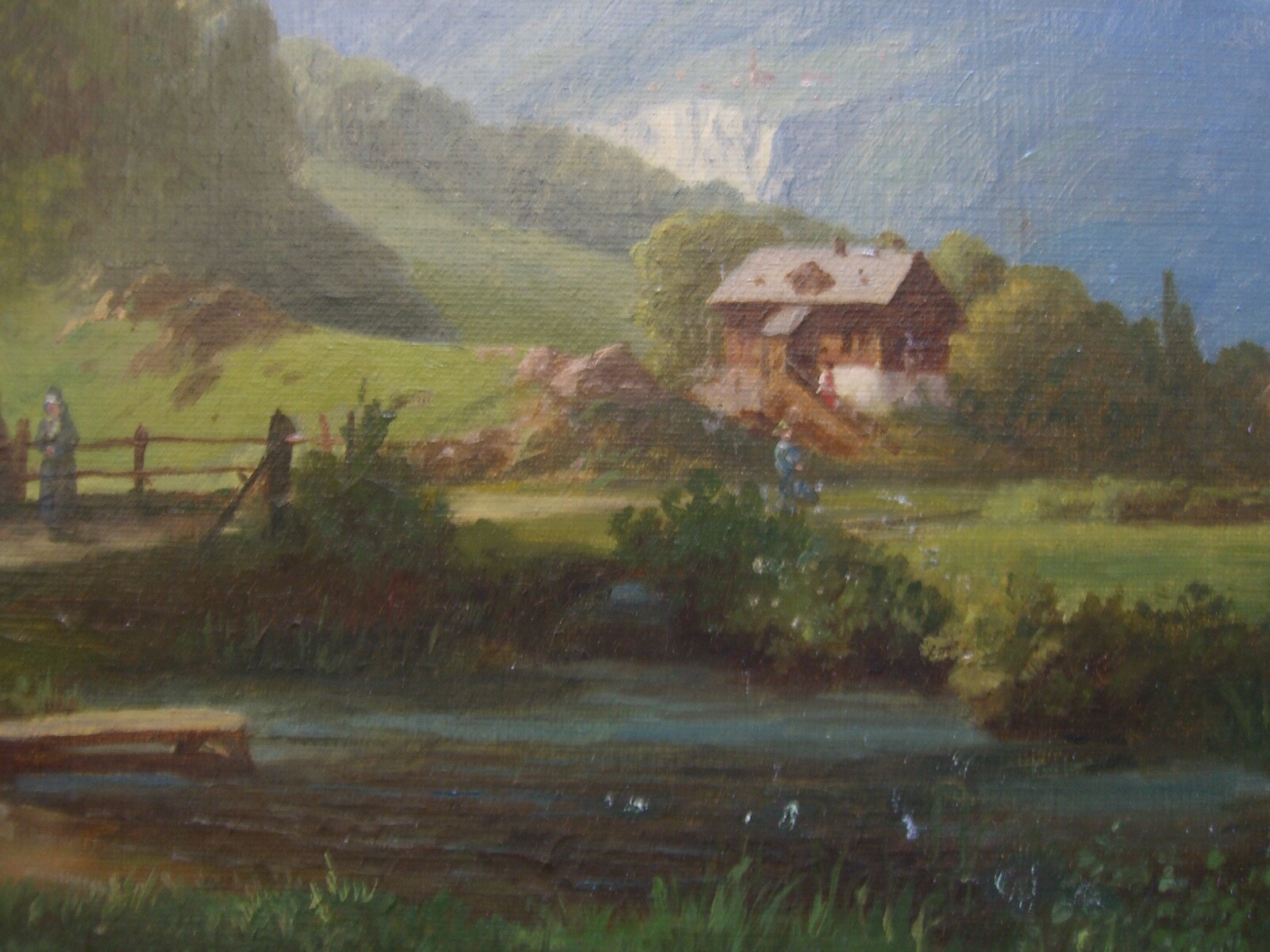 ::ROMANTIC CIRCA 1860 LANDSCAPE FOOTHILLS OF THE Alps oil painting antique frame signed miller