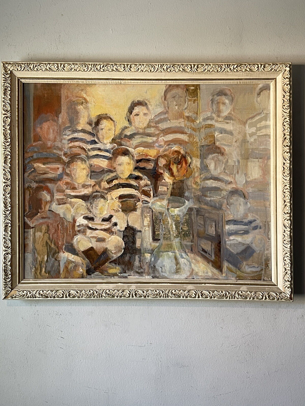 FLORENCE CONRAD VINTAGE MODERN ABSTRACT OLD FOOTBALL TEAM OIL PAINTING COLLAGE