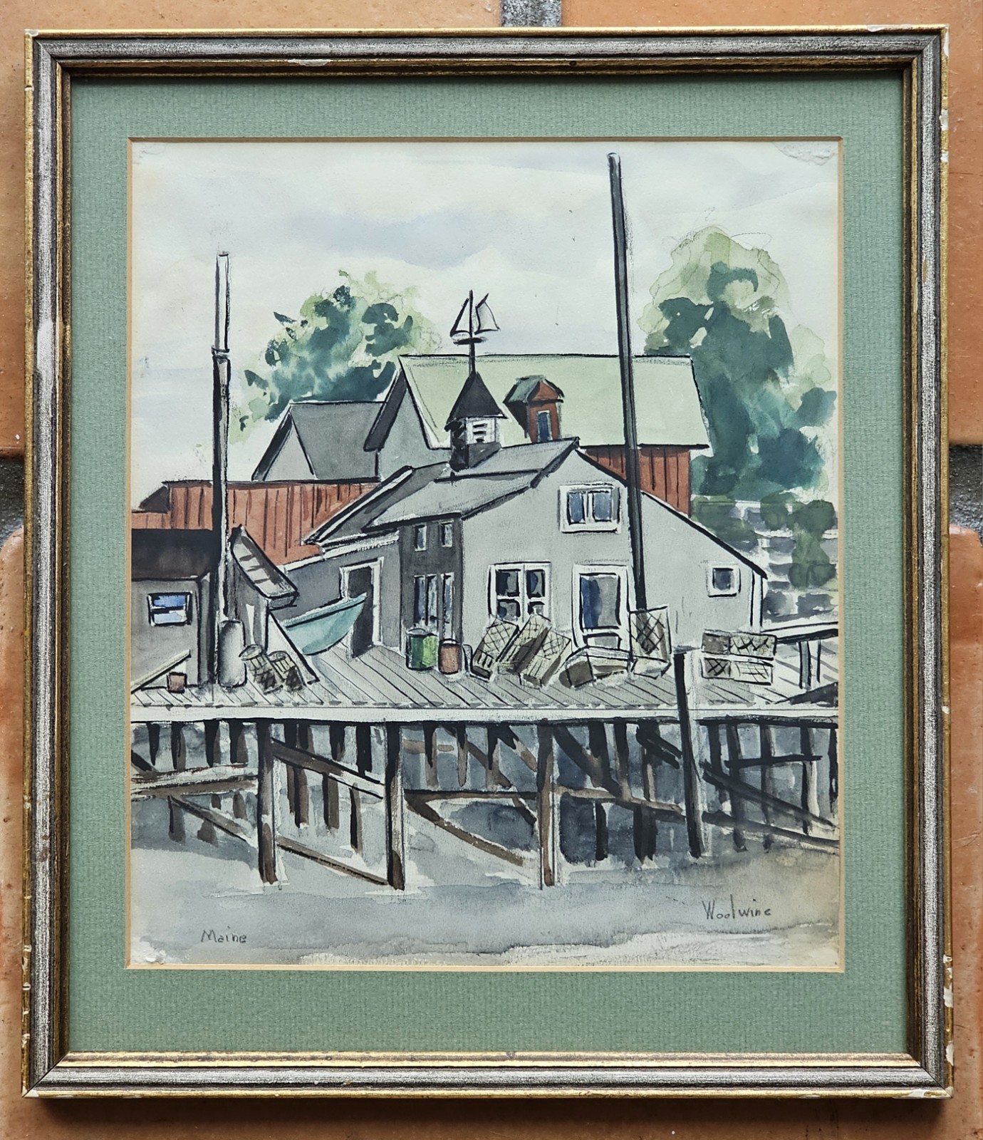 Nashville Artist MARIE WOOLWINE Watercolor MAINE Harbor Scene FRAMED Lyzon Label