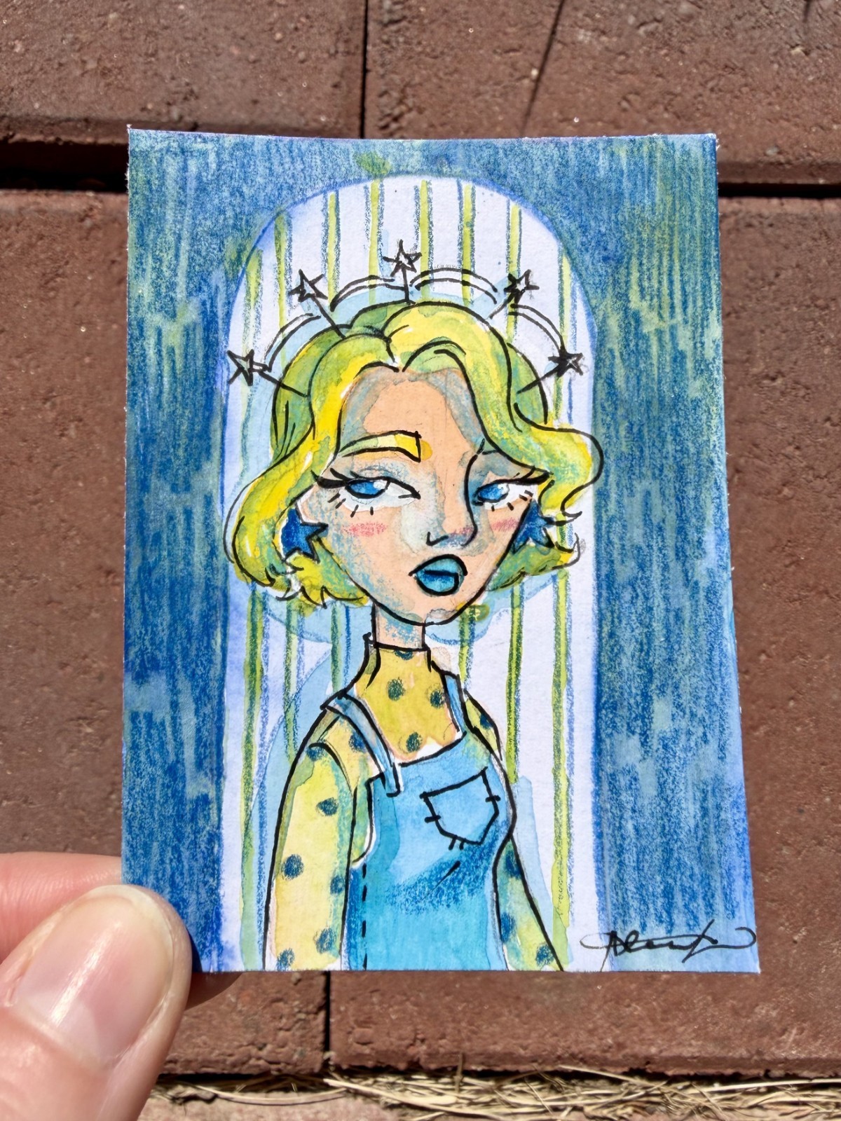 Original ACEO Blue Babe Painting by Alannah Dyer- Mini Art 2.5×3.5 in. Nighttime