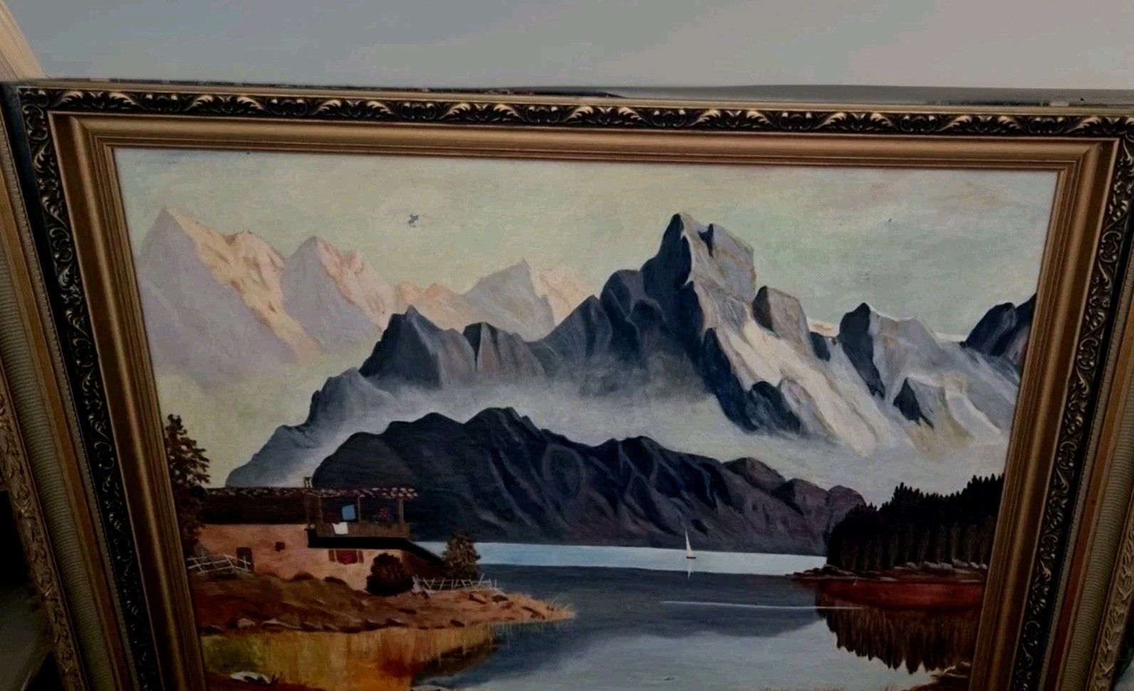 Original Oil On Canvas Painting Seascape Water Mountains Dwelling 33.5X27.5″