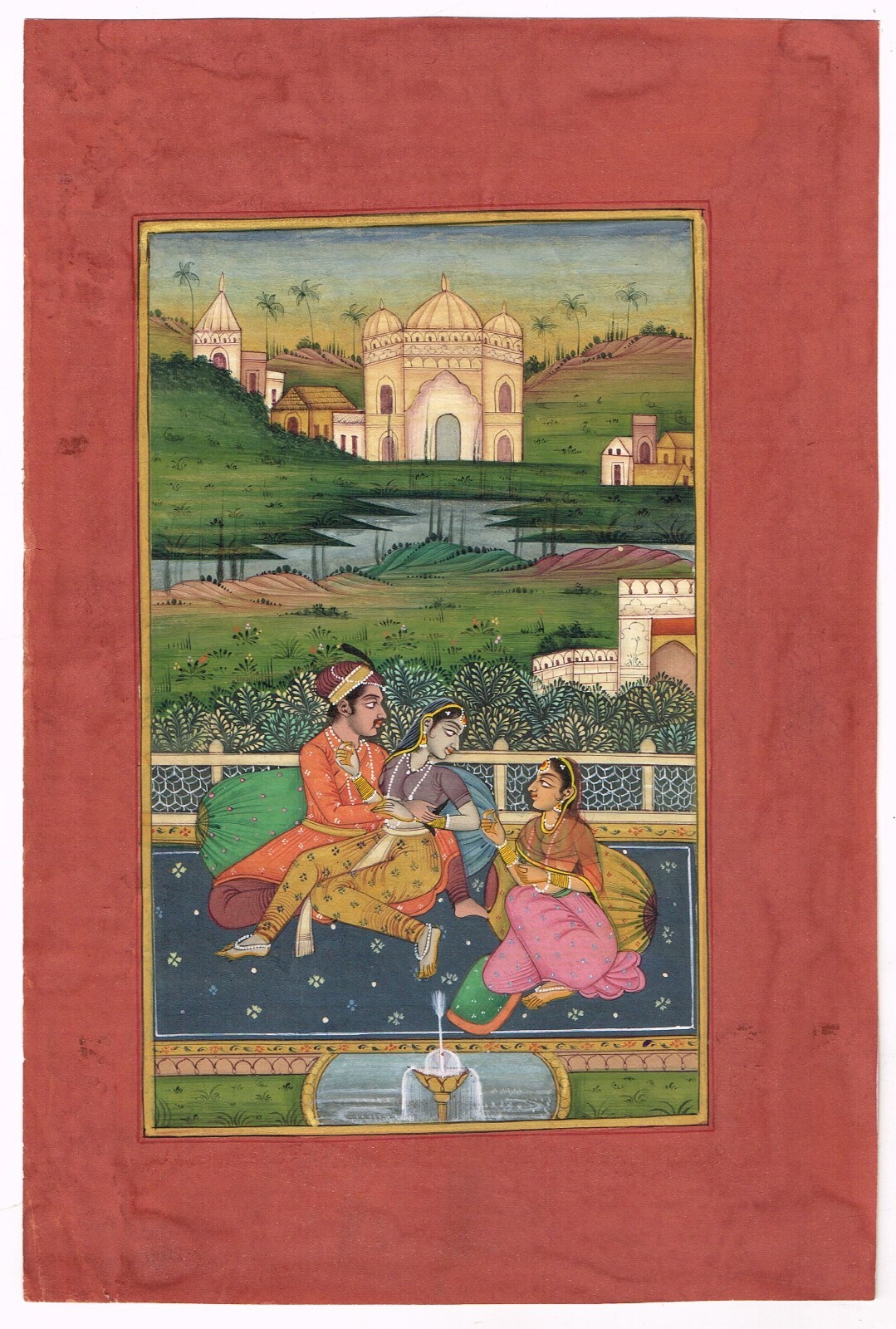 Handmade Love Scene Art A Mughal King & Queen Sitting On Terrace 6.5×9.5 Inches