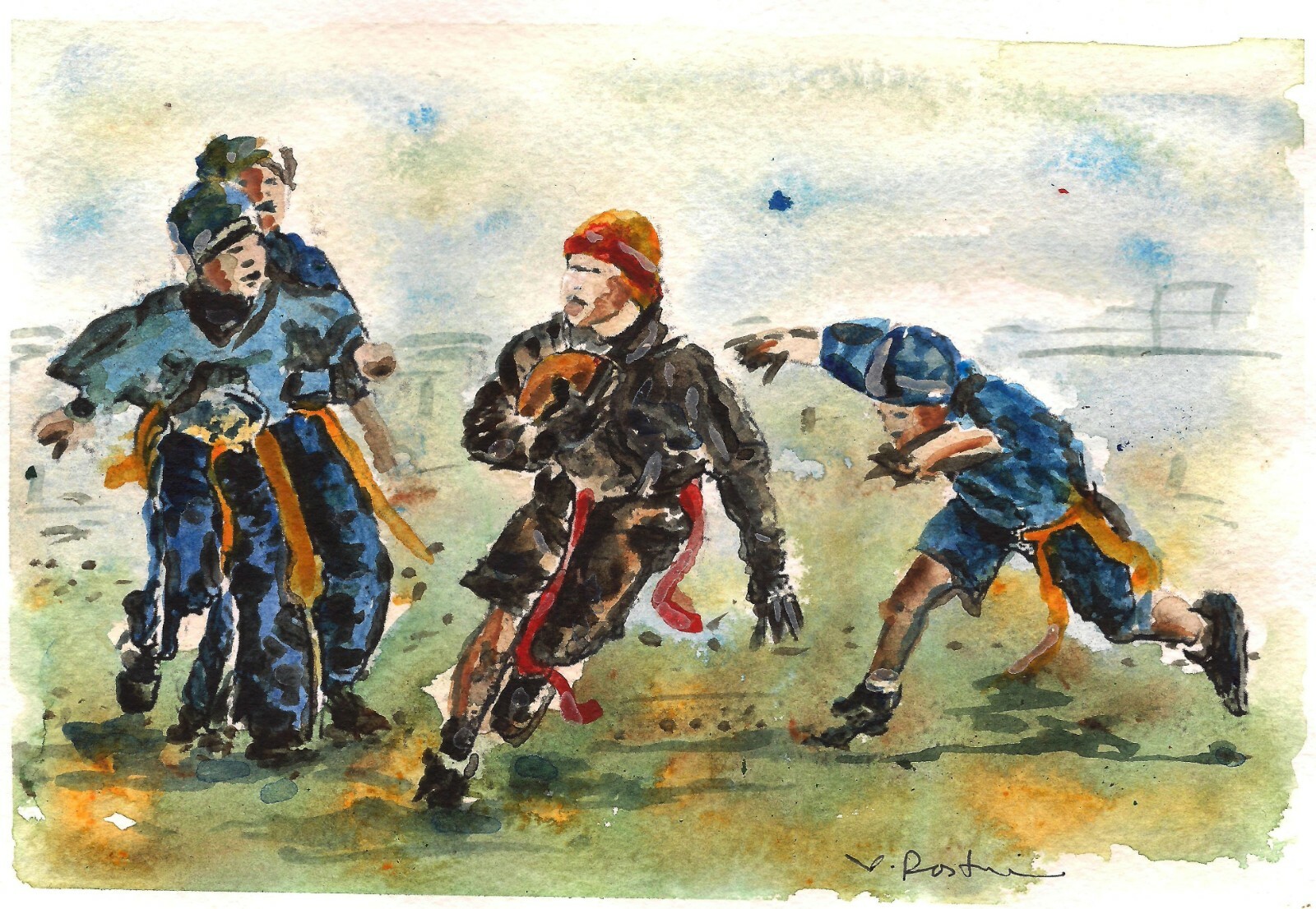 A544-ORIGINAL WATERCOLOR PAINTING, «Kids playing soccer»,Gift idea ACEO