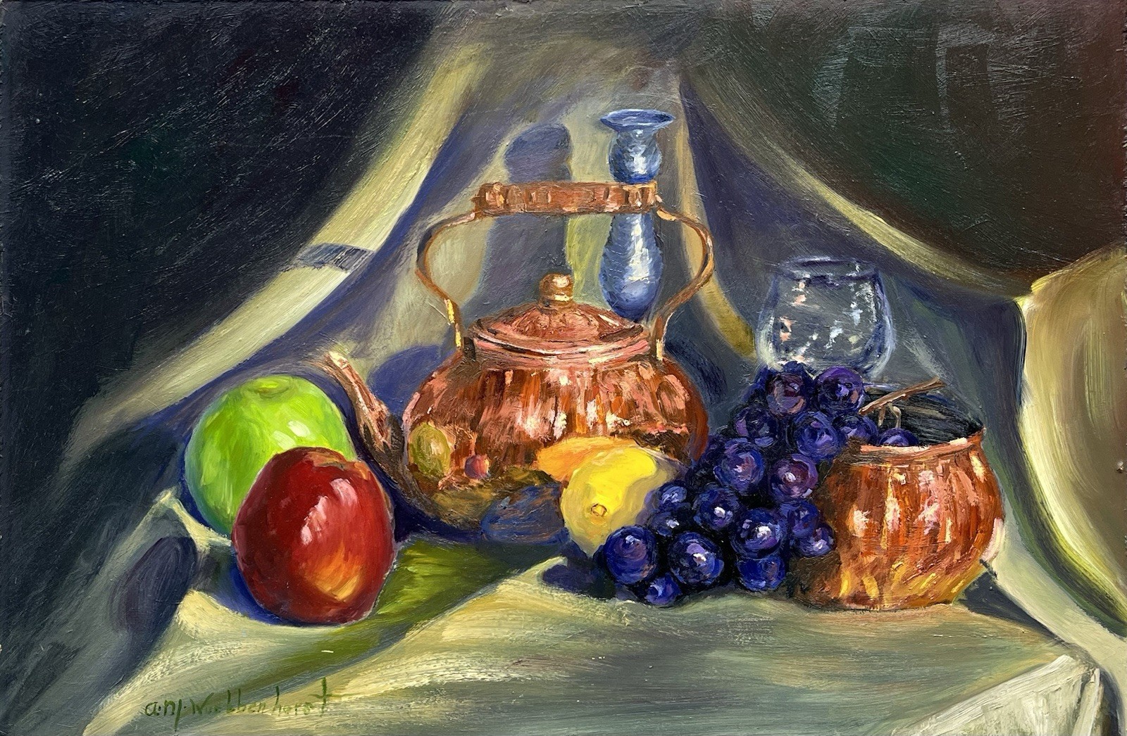 Vintage Oil Painting Still Life – Copper Kettle, Fruit & Glass –Signed – Realism