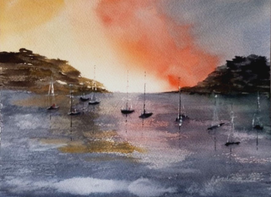 paintinwatercolor seascape quiet harbor sea sailboats beautiful sky sunrisegift