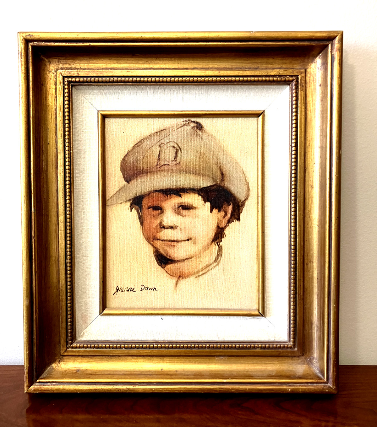 Original Oil Painting Young Boy with Cap Framed Matted & Signed by Jeanne Down