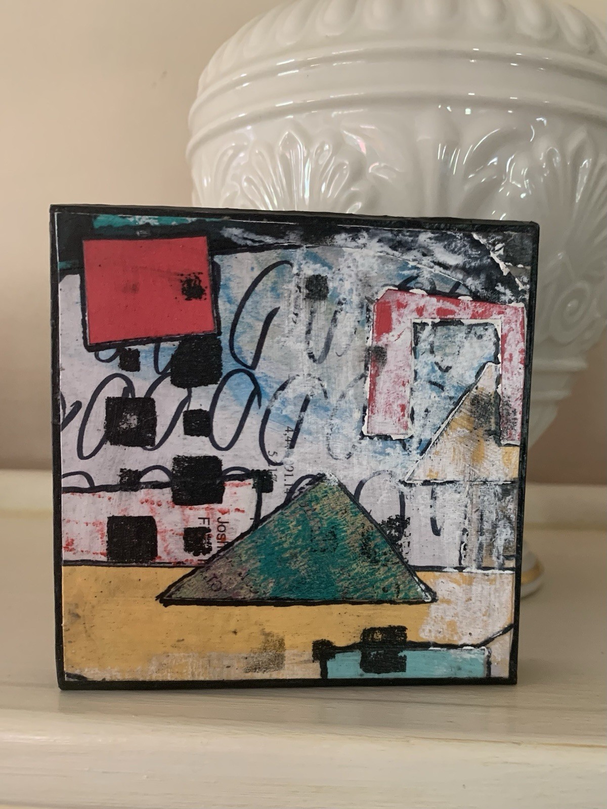 Small Original Wall Art Abstract Square 4″ x 4″ x 3/4″ Shelf Sitter Wood