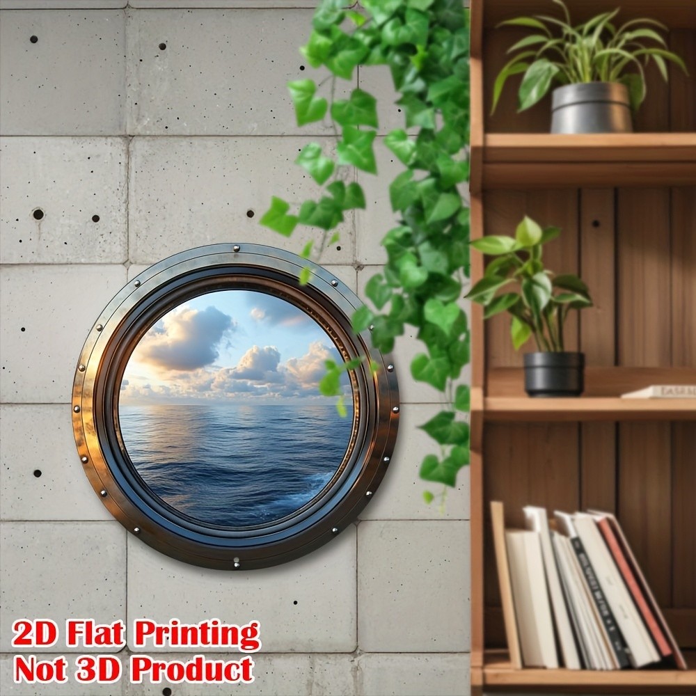 2D Flat Print 1x Vintage Seascape Window Theme Round Aluminum Wall Decor Plaque↗