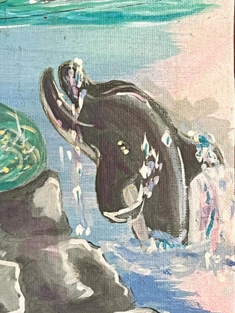 Vintage Nautical Coastal Beach Landscape Seascape Oil Painting Mermaid Dolphins