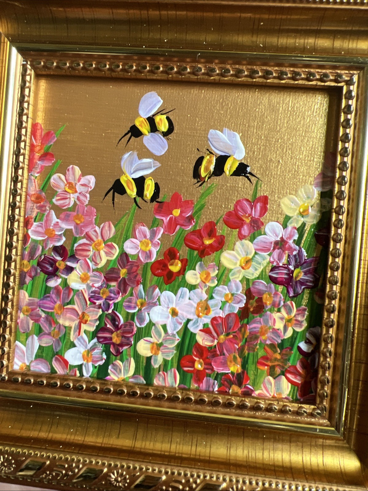 Bee, Honeybee Wild flowers, original,miniature Painting,small,mini, Framed