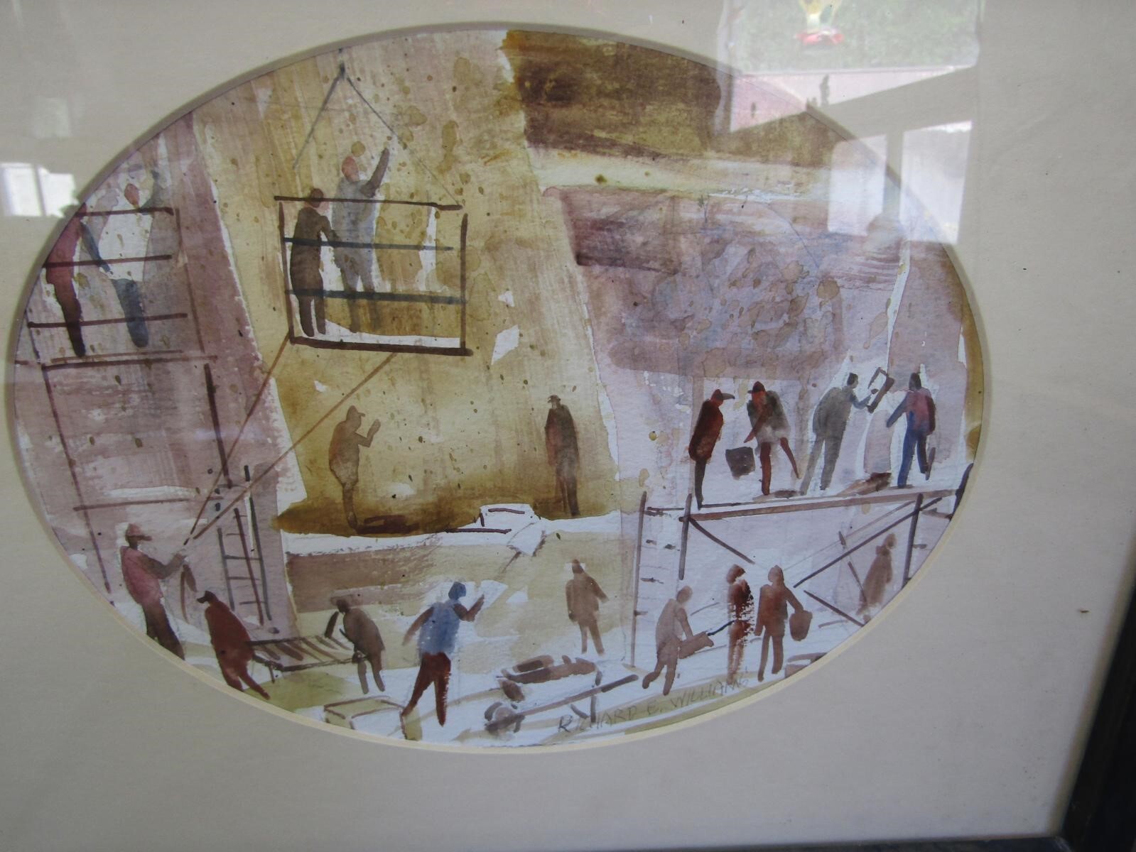 Richard E Williams Signed Framed Water Color – Building Construction Workers dl