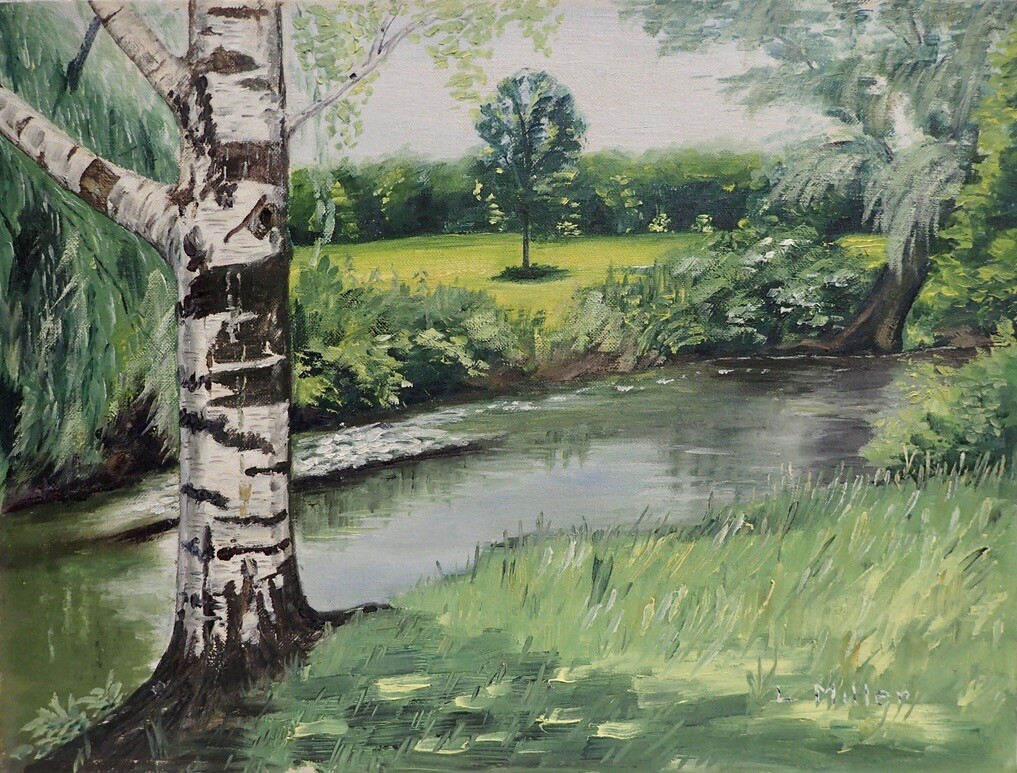 original Landscape Painting on board signed L. Miller «Birch Tree & River» 12×16