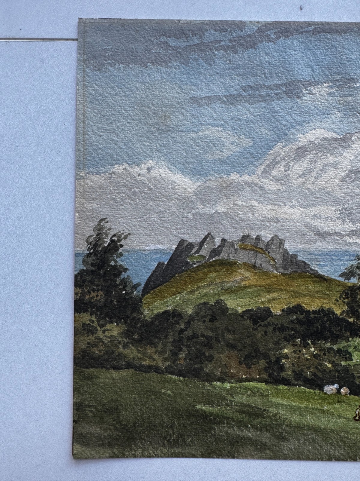 Vintage 19th Century Watercolor Landscape Scenic Painting Cows Meadow Rocky 13×9