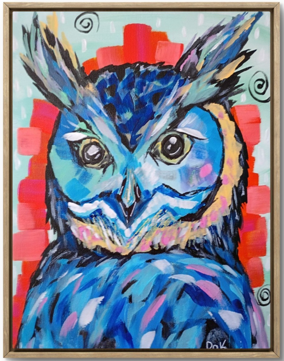 Blue Horned Owl 11×14 Colorful Modern Art Acrylic Big Bird Painting on Canvas