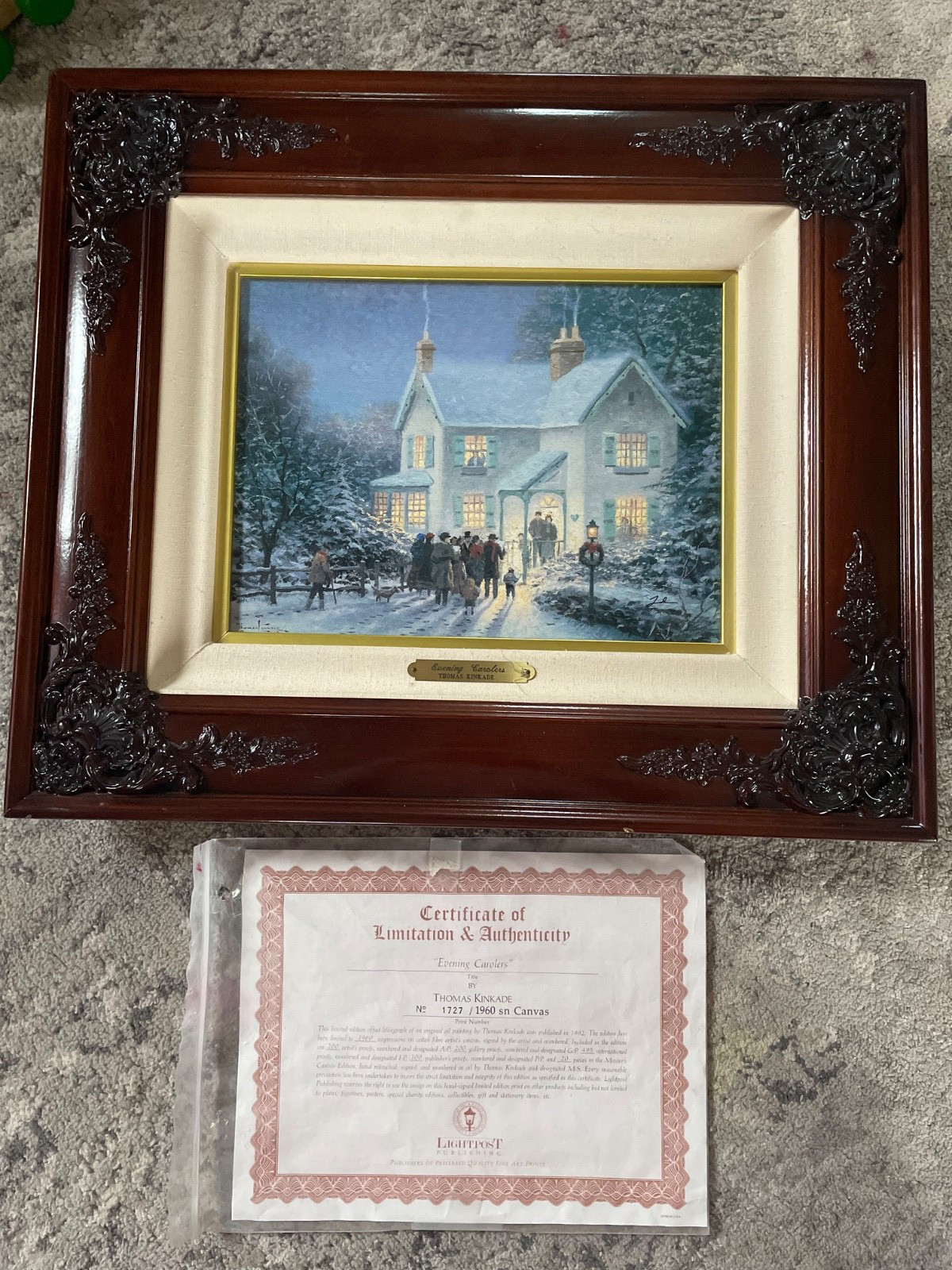 thomas kinkade evening carolers framed no 1727/1960 sn canvas signed