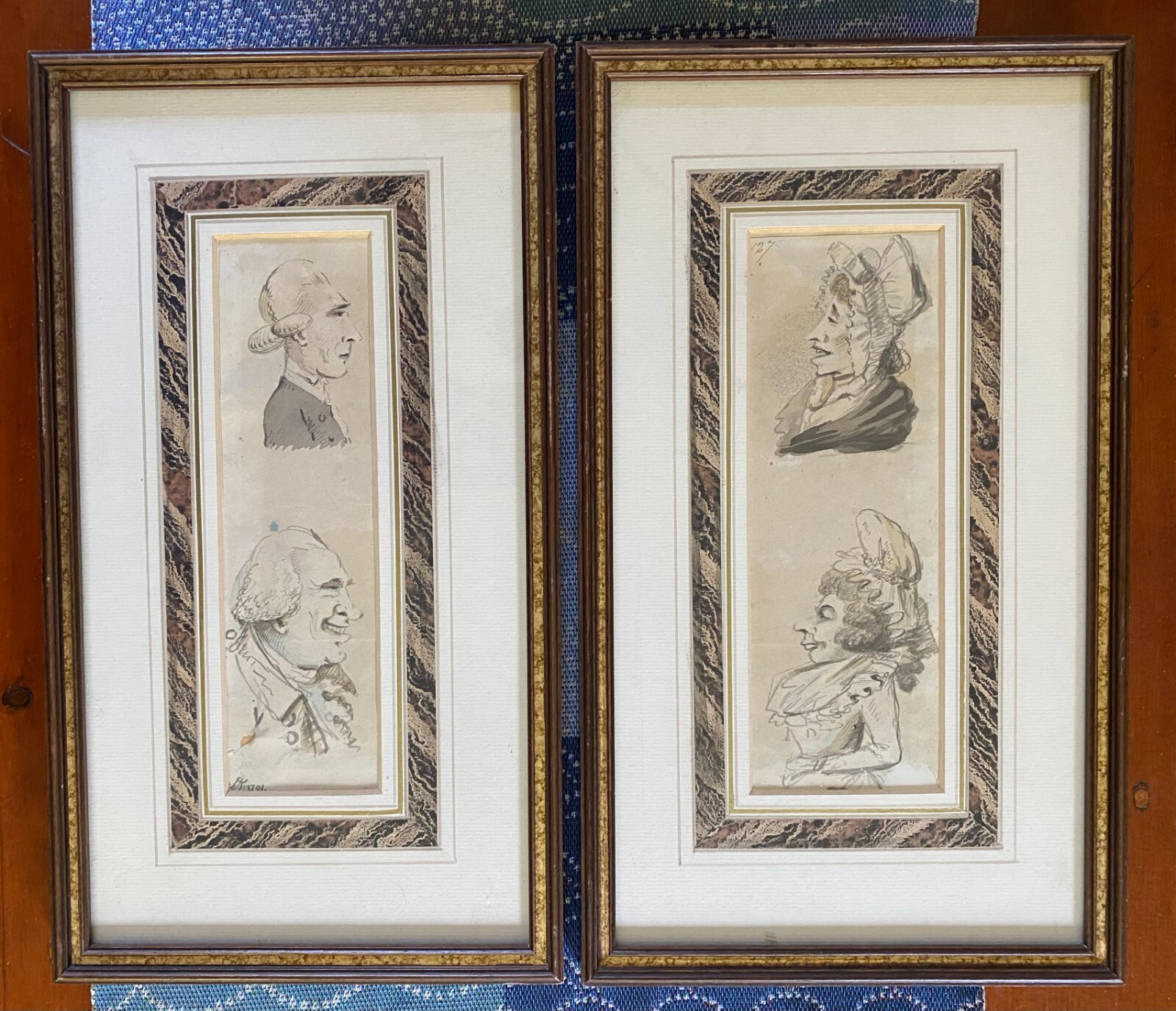 FINE Pair 18th c. Watercolor Portraits English Caricaturist JOHN NIXON, Framed