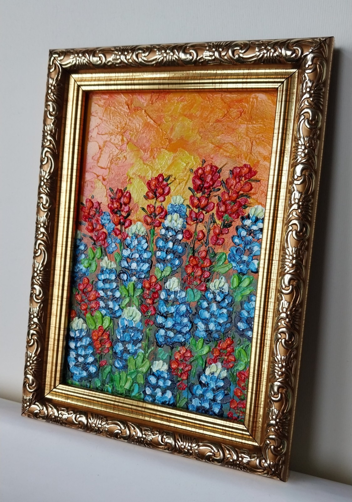 Framed Texas Bluebonnets Indian Brushes Art 4×6″ Impasto Oil Painting Original