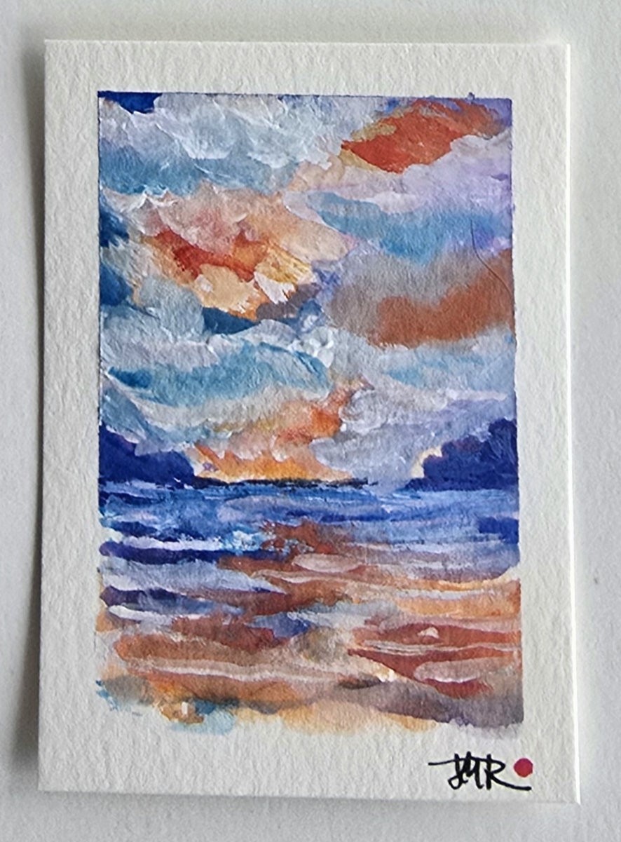Original ACEO Seascape Orange Skies Sunset Mountains Dulce Maria Rico»ABLAZE»